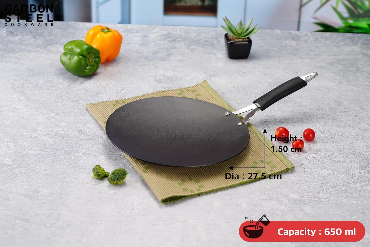 Sumeet Super Smooth Pre Seasoned Carbon Steel (Iron) Concave Tawa for Roti, Chapati, Paratha, Chila |Naturally Nonstick |27.5cm, Gas & Induction-Friendly, Black, OICT11