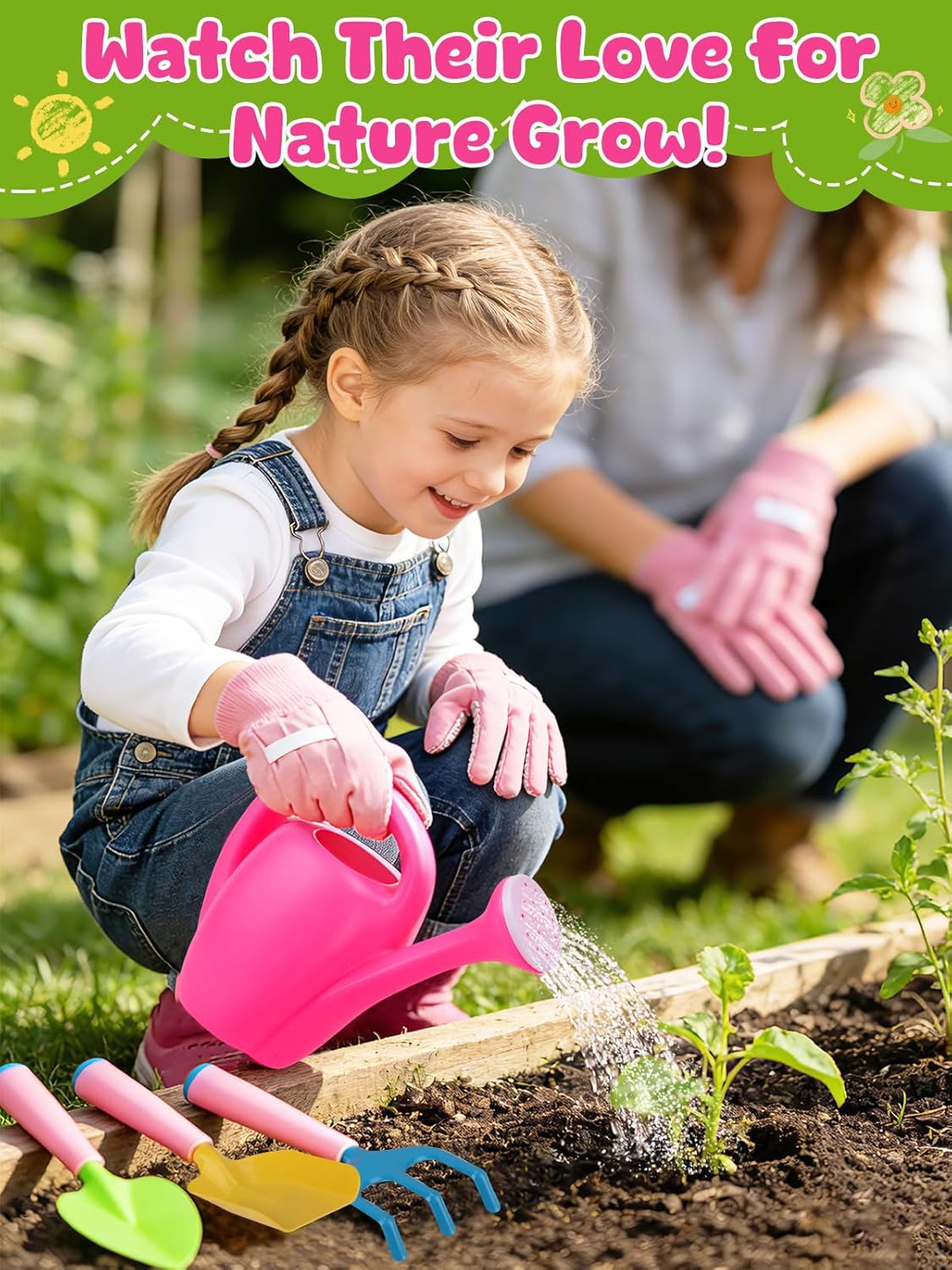 Biubee Pink Gardening Tools Set for Girls - Sturdy Kids Watering Can Toy Set with Metal Shovel Hand Rake Kids Gloves, Toddler Gardening Kit Garden Toys for Outdoor Beach Sand Toy Gift