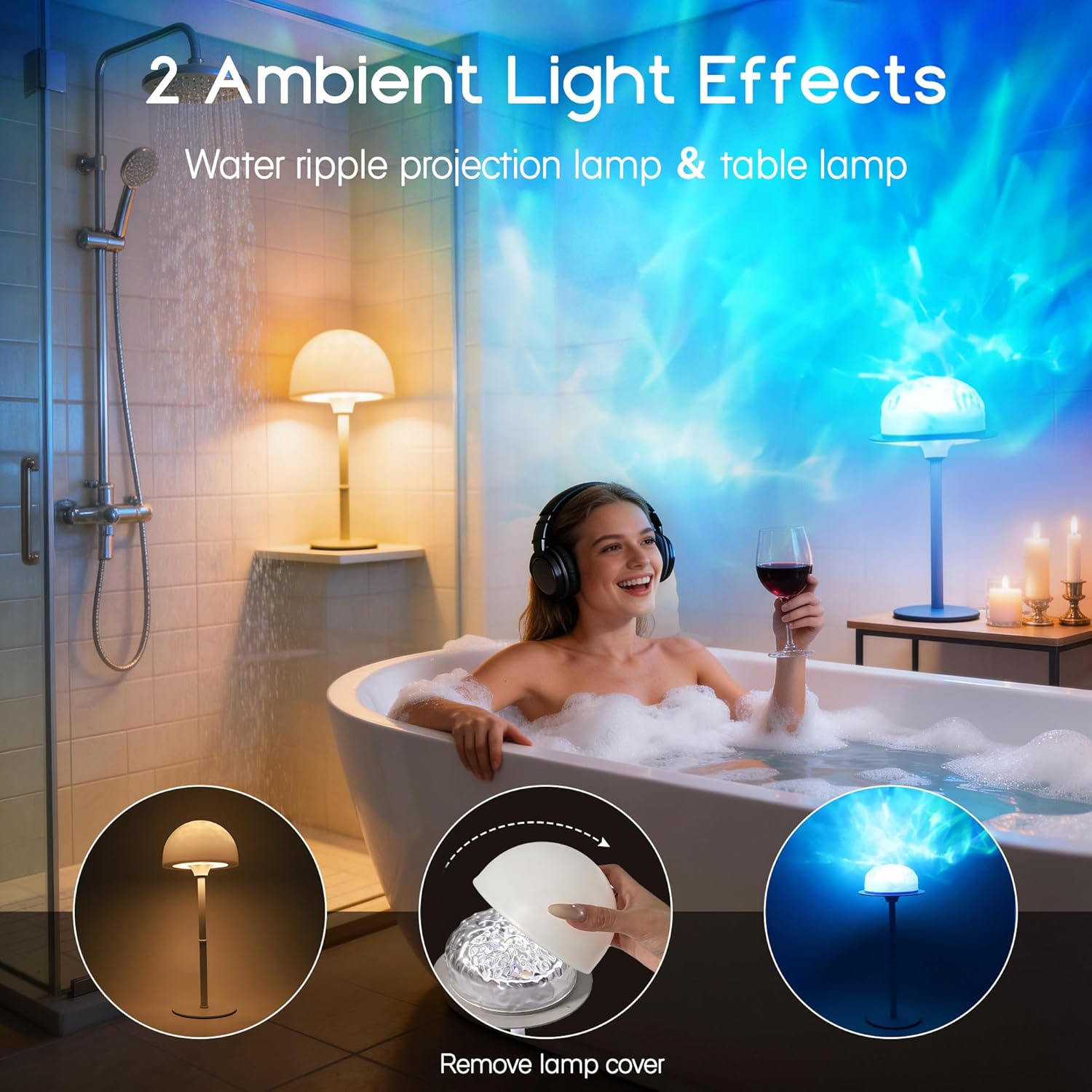 Waterproof Shower Lamp, Cordless Bathroom Lamp with Remote & Touch Control, Rechargeable Shower Light with RGB Color Changeable Ocean Wave Projector, LED Table Lamp for Inside Shower, Bathtub, Bedroom