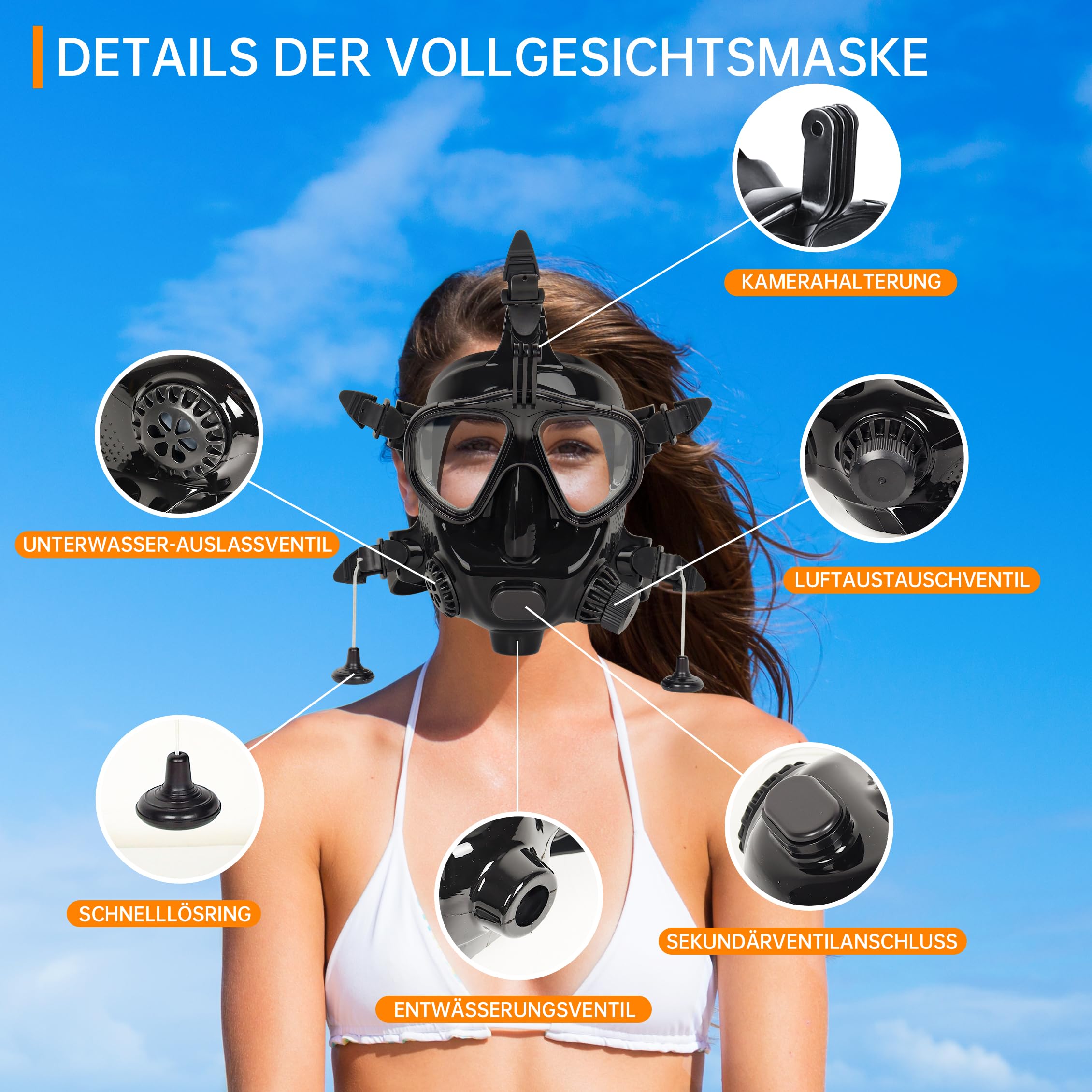 DIDEEP Vollgesichts-Tauchmaske, Schnorchelmaske verstellbar aus Silikon für Erwachsene, Scuba-Maske mit Kamerahalterung, 180°Panoramablick zum Tauchen und Schnorcheln