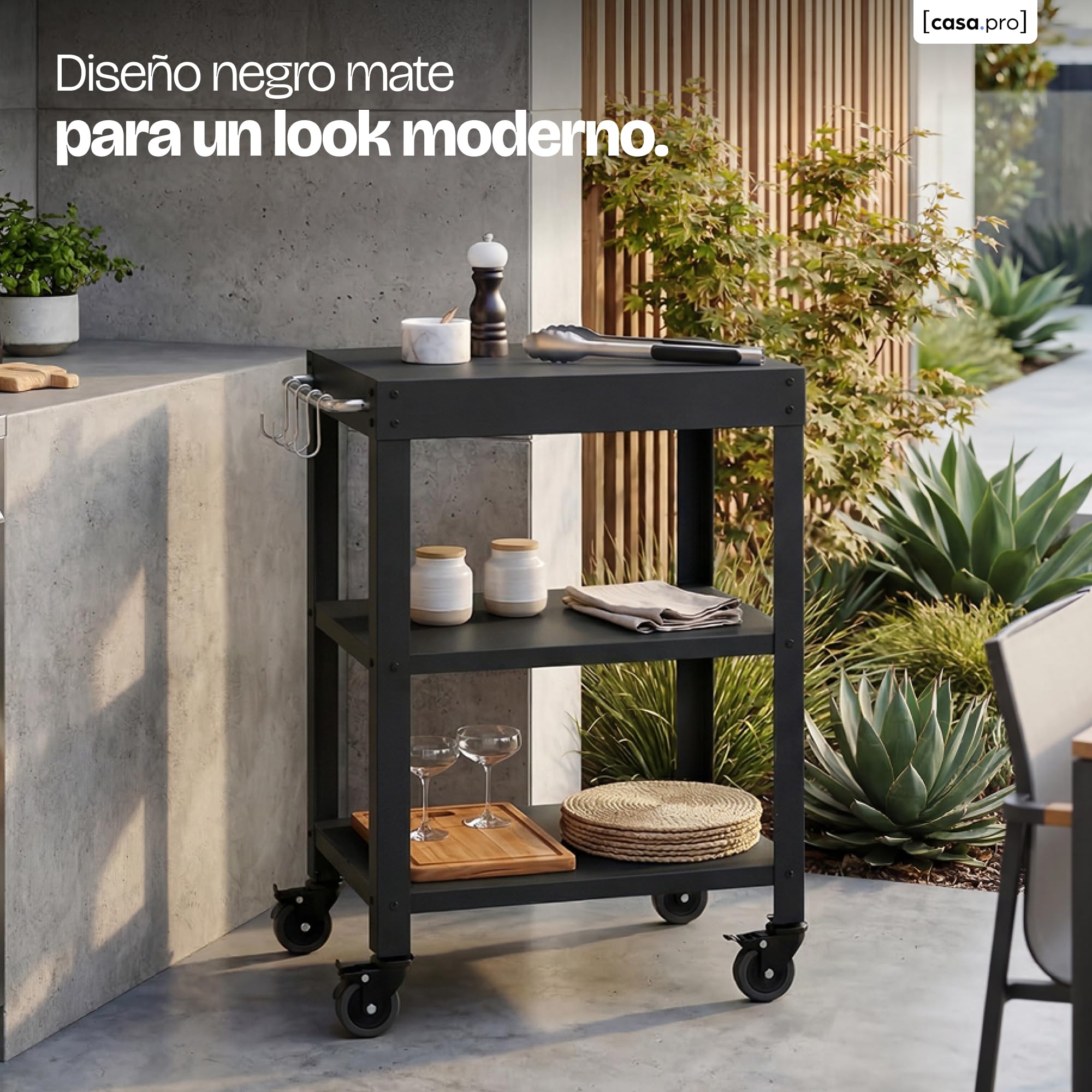 casa.pro Carro de Servicio Bolognano para Jardín Carrito Auxiliar con Ruedas de Exterior Carro de Barbacoa de 3 Niveles Patio Piscina Terraza Metal 81 x 50 x 50 cm - Negro