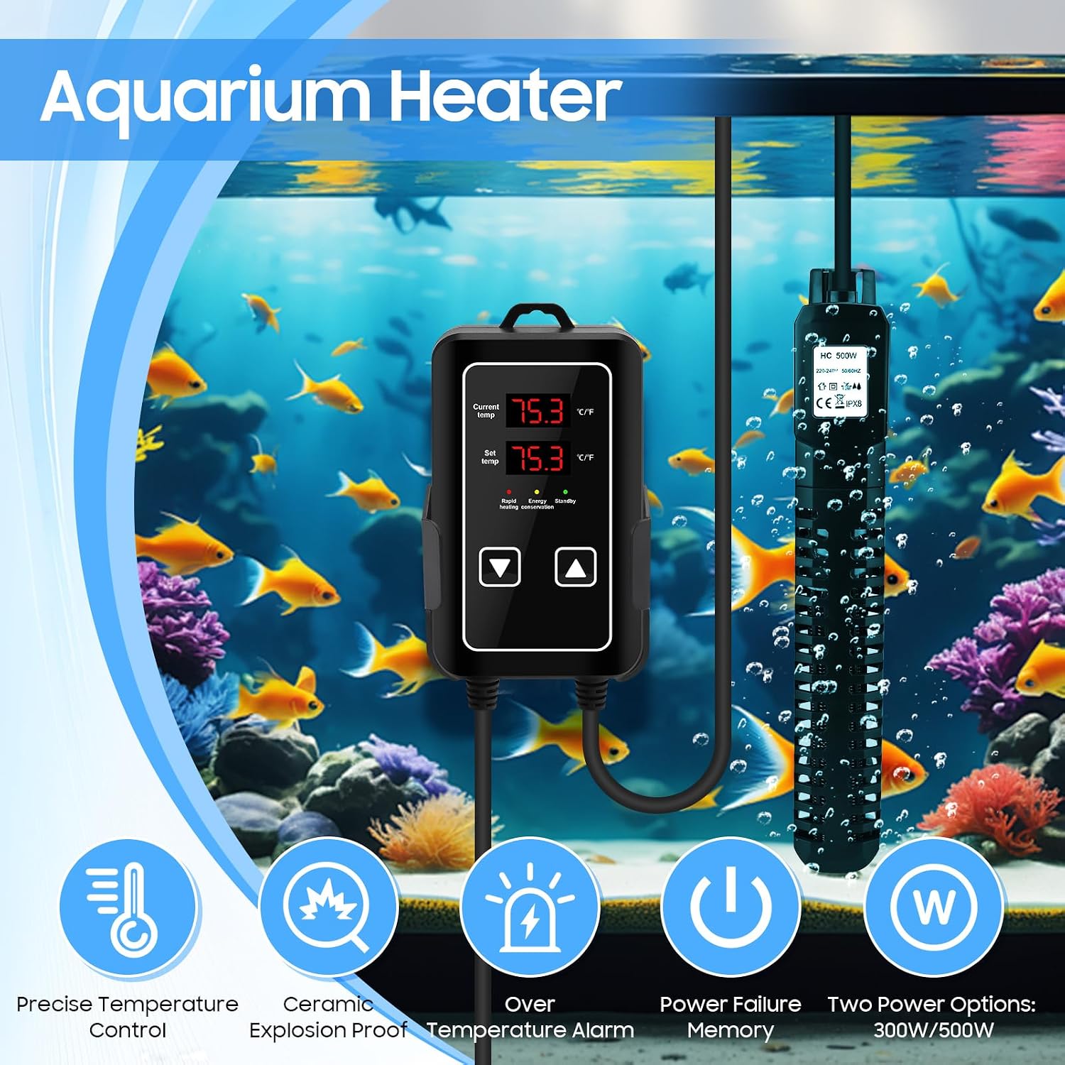 Aquarium Heater, Fish Tank Heater with Digital LED Controller, Overheat Pond Heaters for Outdoor Ponds with Fish, Adjustable Water Tank Heater for 75-120 Gallon Fish Tank