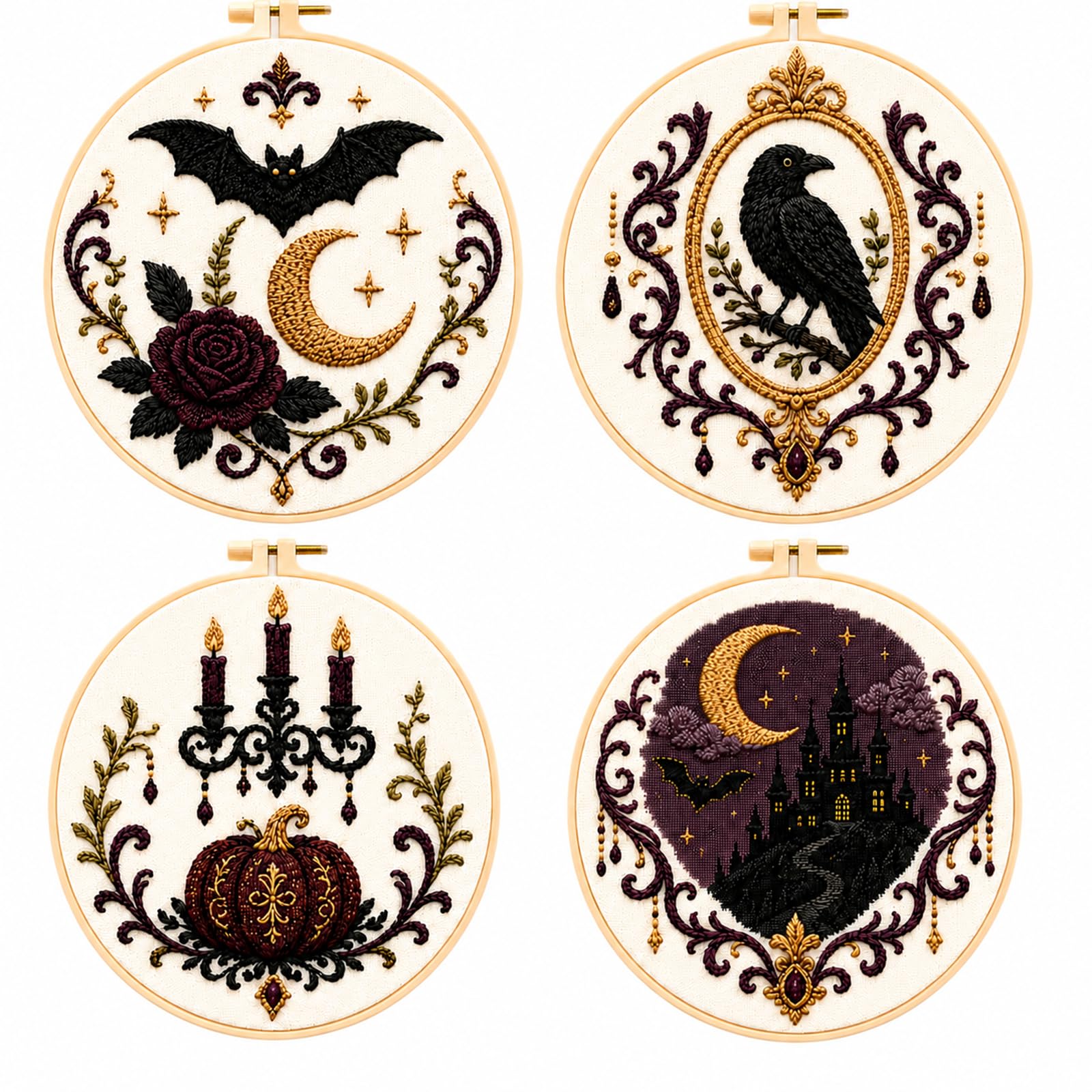 CAYLEKI Gothic Embroidery Kit for Beginners, 4 Wooden Hoop Designs