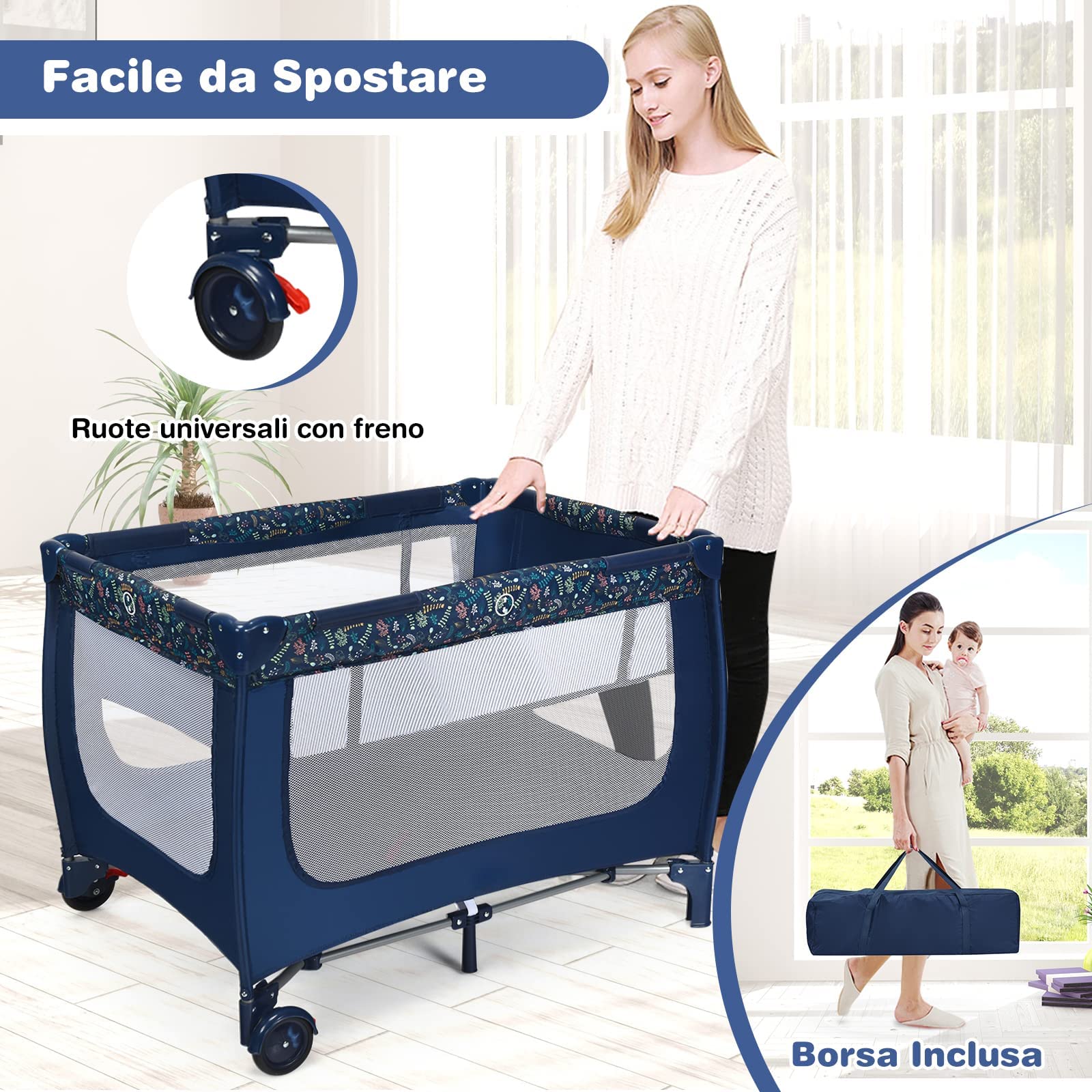 RELAX4LIFE Lettino Neonato con Materasso, Lettino da Campeggio per Bambini, Culla da Viaggio con 2 Ruote con Freno e Borsa, per Bambini 0-36 Mesi (Blu)