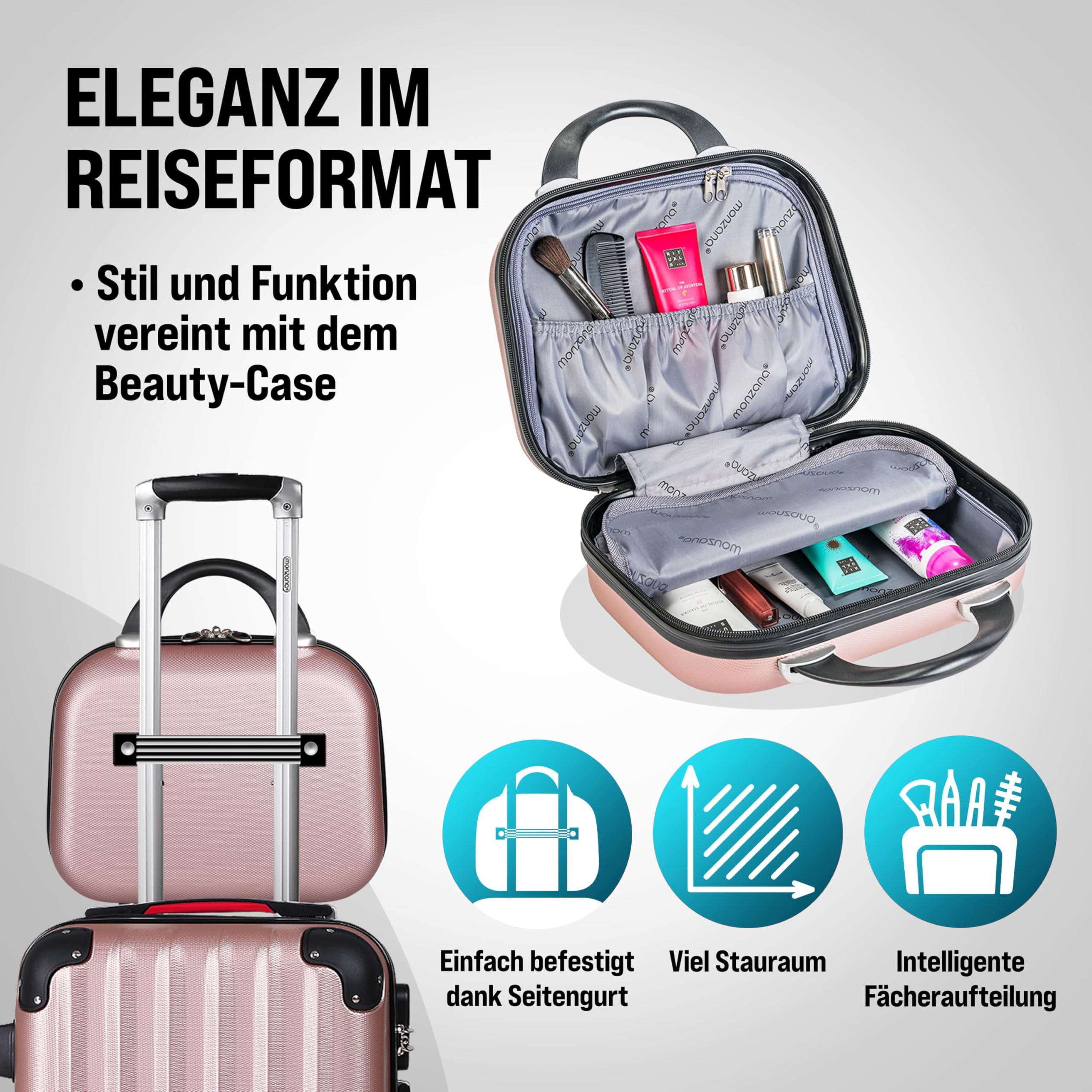 Monzana® 4tlg. Kofferset mit Beautycase, Rose - M-L-XL - inkl. Schloss, Organizer & Kofferwaage - Gurt Gel-Griffe, Zwillingsrollen, Standfüße, Trolley, Reisekoffer, Hartschalenkoffer, Gepäck-Set