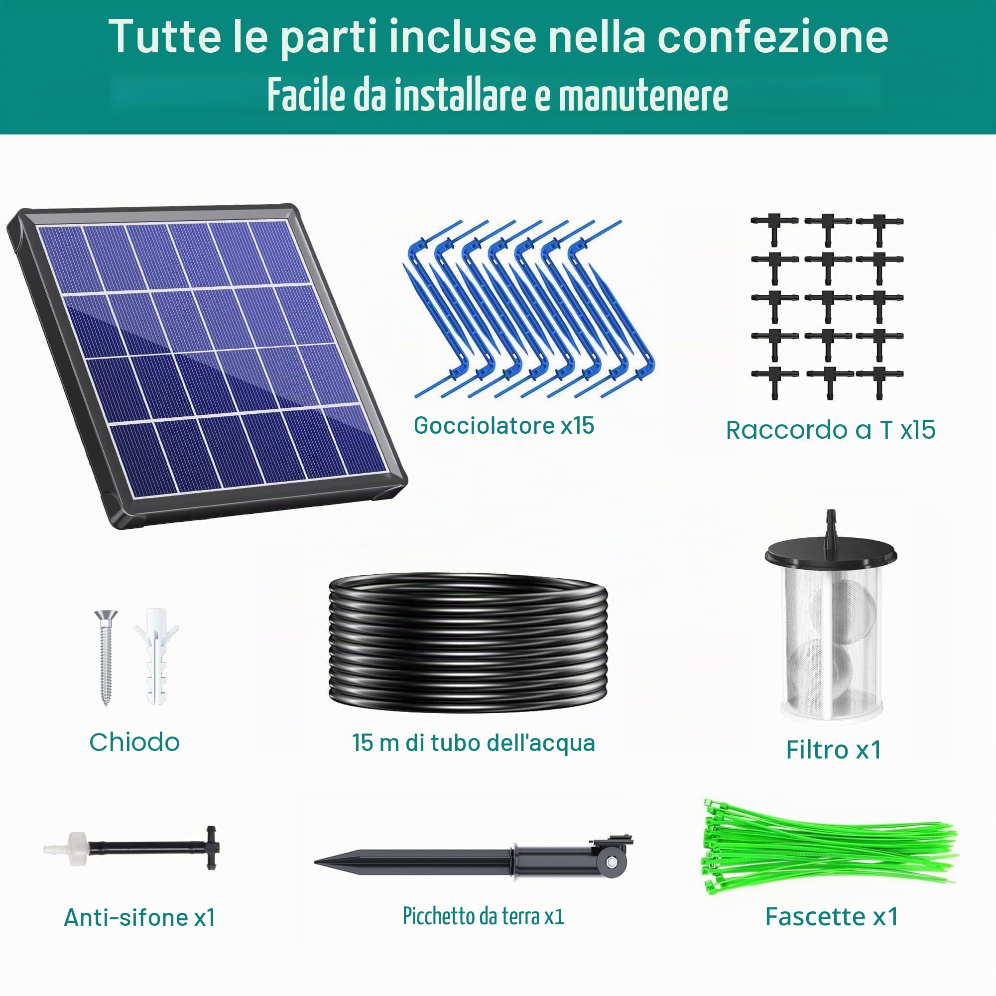 Biling Sistema di irrigazione solare, 15 m, irrigazione automatica a goccia con timer, pannello solare da 2,5 W, per 12-20 vasi, giardino, balcone, serra, irrigazione delle vacanze