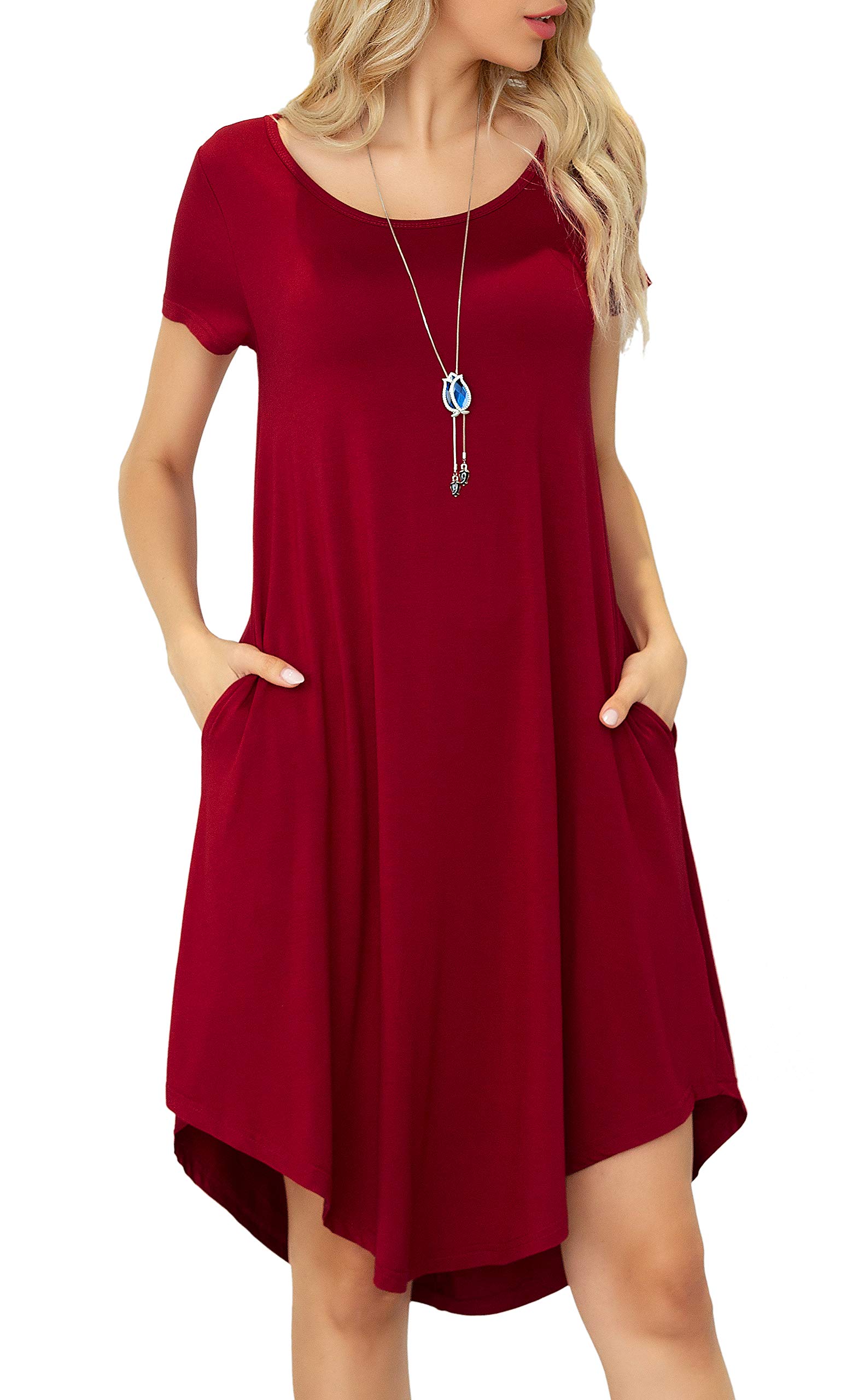 Women Casual Loose Soft Crewneck Short Sleeve Pockets Swing T-Shirt Dress