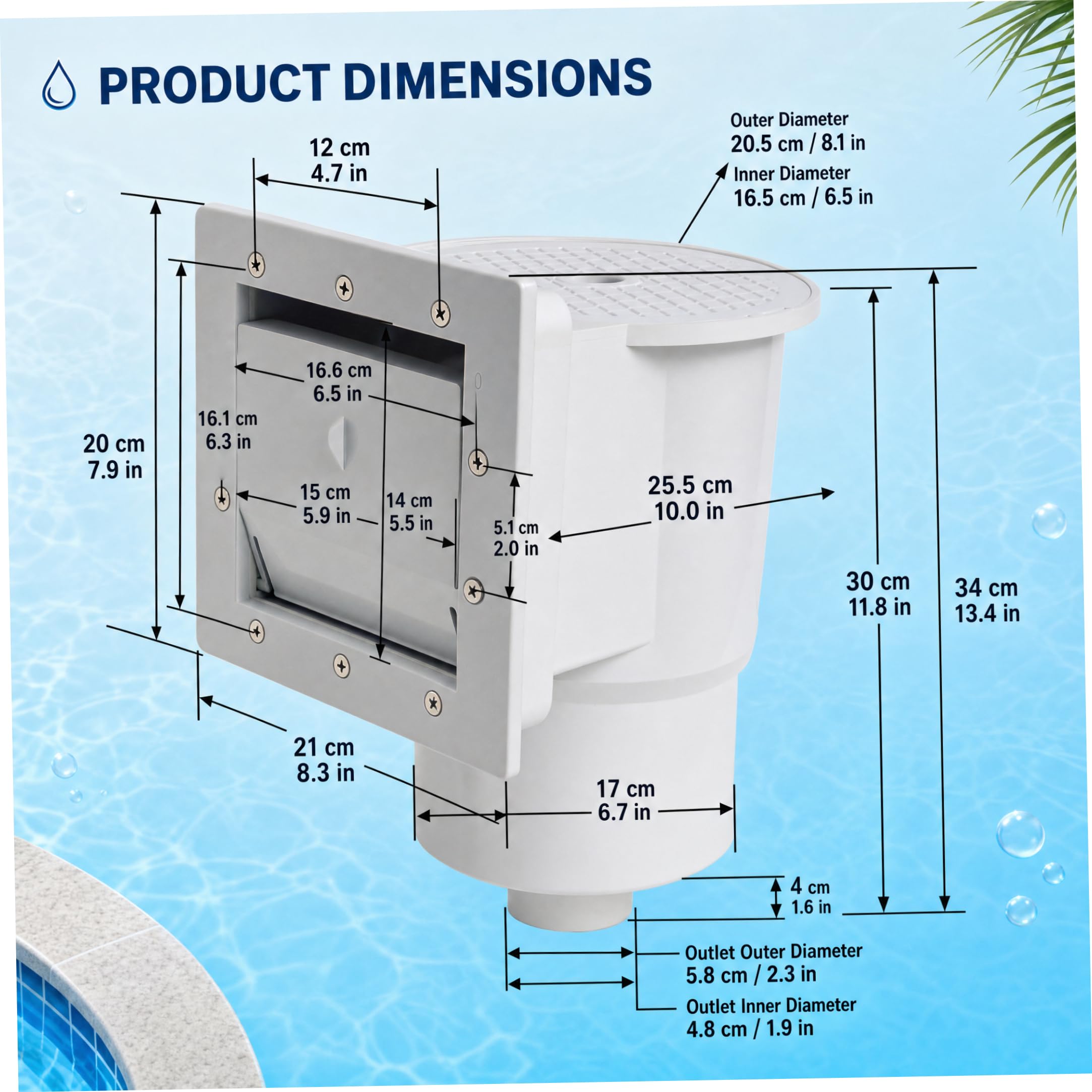 Kit Skimmer per Piscina Fuori Terra, Skimmer a Parete Passante in plastica per Piscina Fuori Terra - Sostituzione, Bianco.