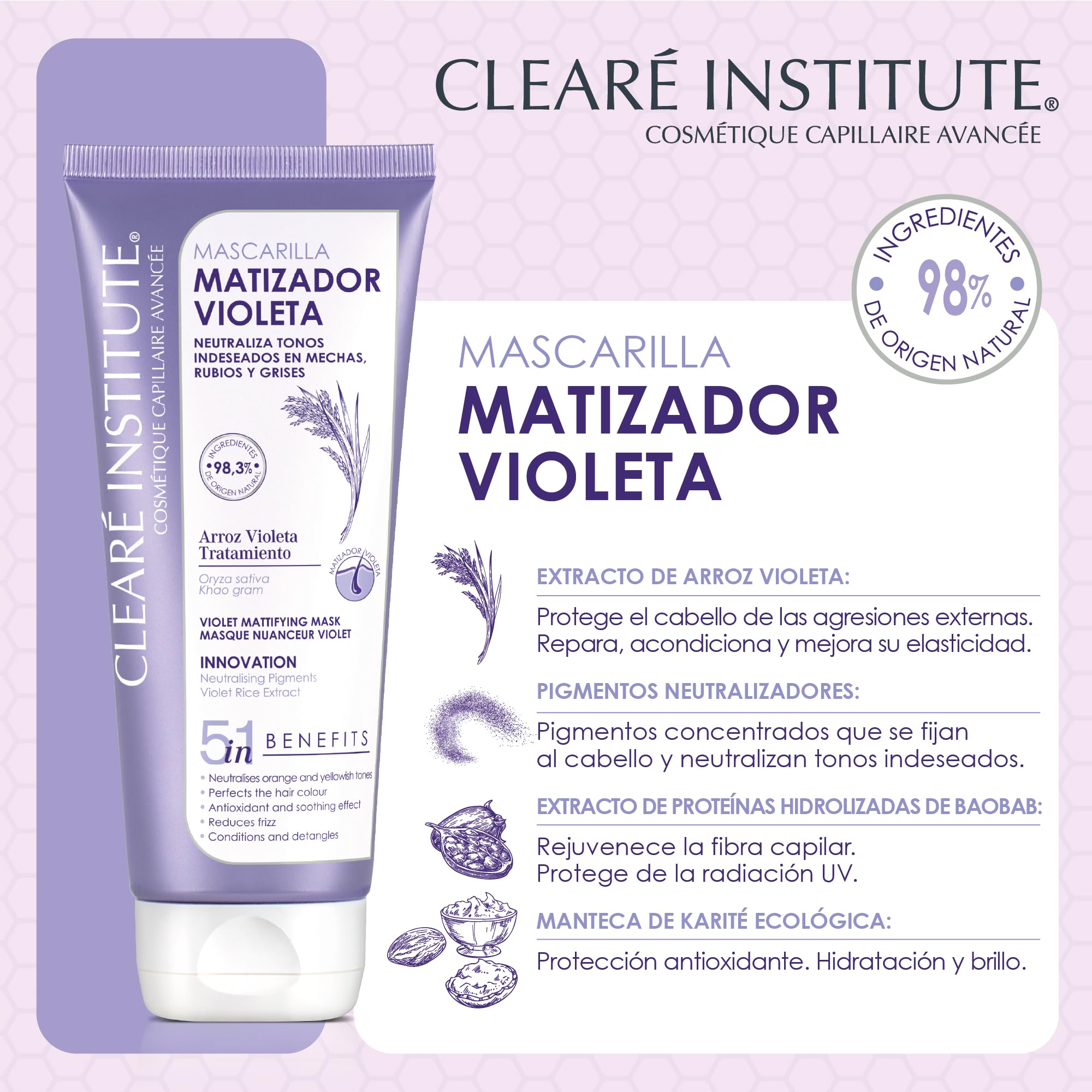 Clearé Institute Mascarilla Matizadora Violeta, Sin Sulfatos, Parabenos o Siliconas, Anti Frizz, Matizante Pelo Blanco, Gris, Canas, Rubio Teñido y Mechas, 96.6% Ingredientes Naturales, 200 ml