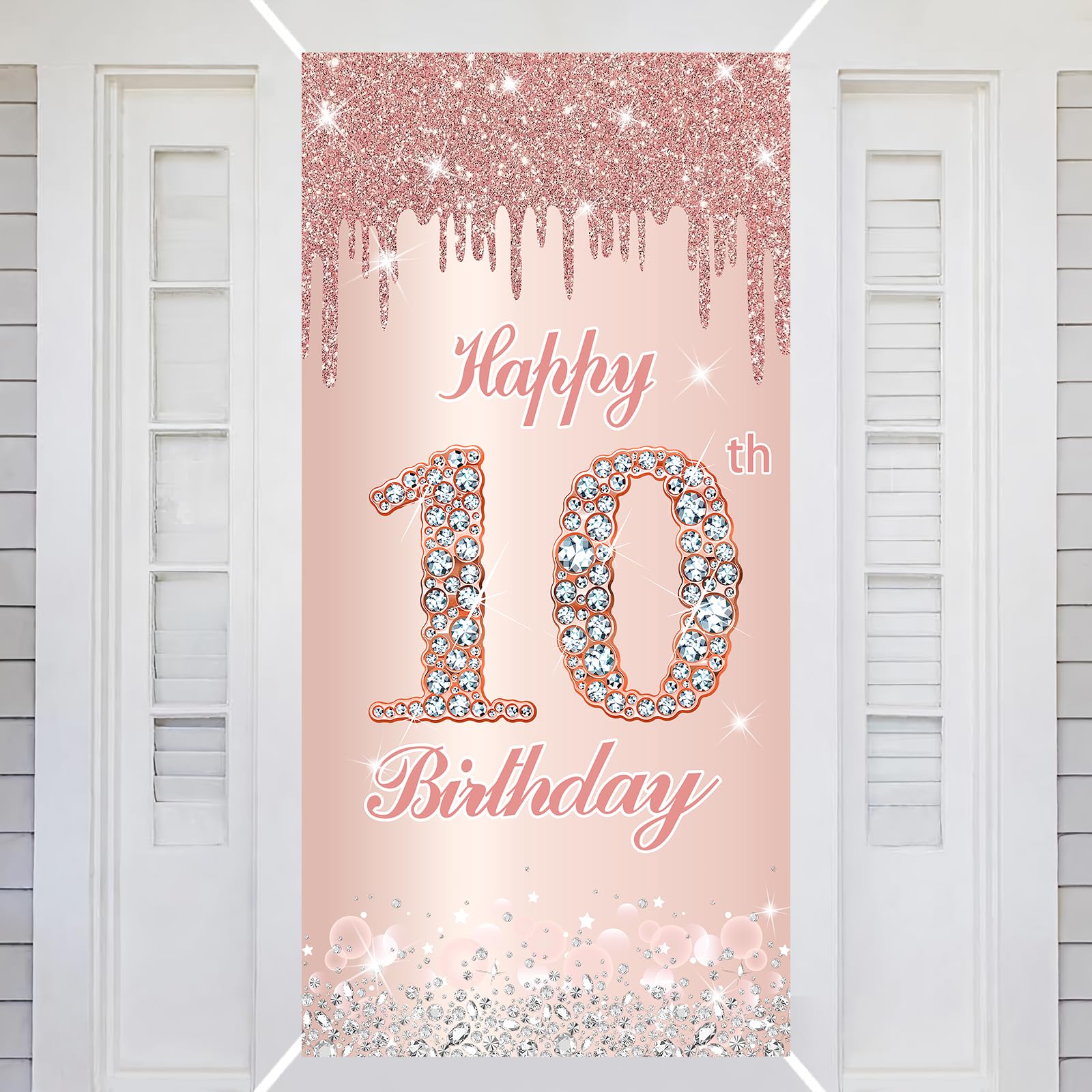 10th Happy Birthday Decorations Door Banner Pink Rose Birthday Banner for Party Backdrop for Women Door Cover Party Decoration Supplies Poster — image 1