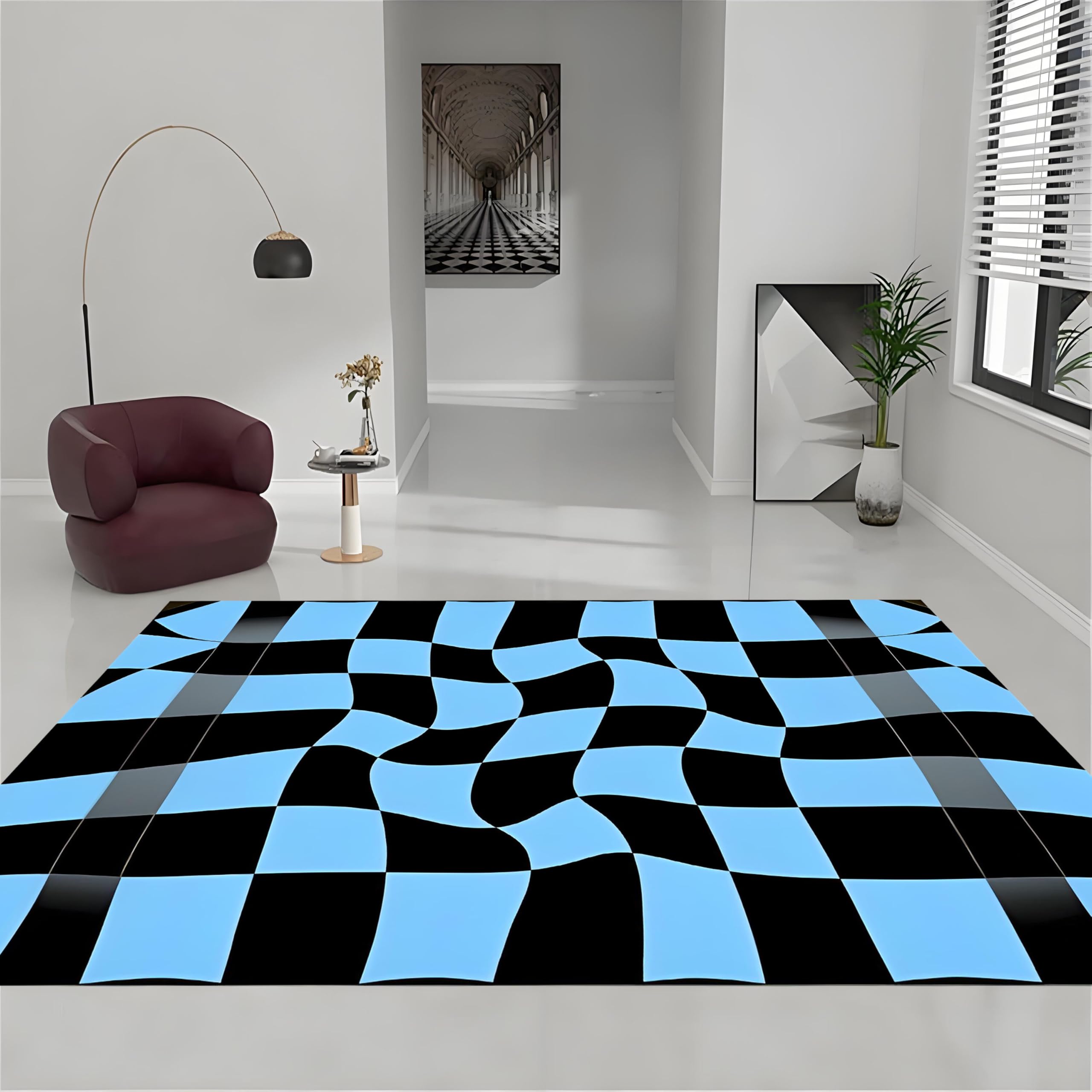 YHUERC Checkered Area Rug, 180x230cm Abstract Groovy Carpet, Blue and Black Wavy Checkerboard Rugs, Retro Washable Plaid Carpets, for Living Room Bedroom Kids Room Playroom Home Decor.