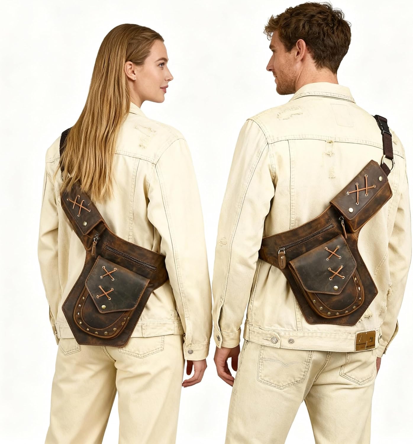 Water Resistant Canvas Plus Leather Motorcycle Fanny Waist Pack One Shoulder Drop Leg Thigh Bag For Men Women N211-8 (100% Genuine Leather-A-Brown) - Image 3