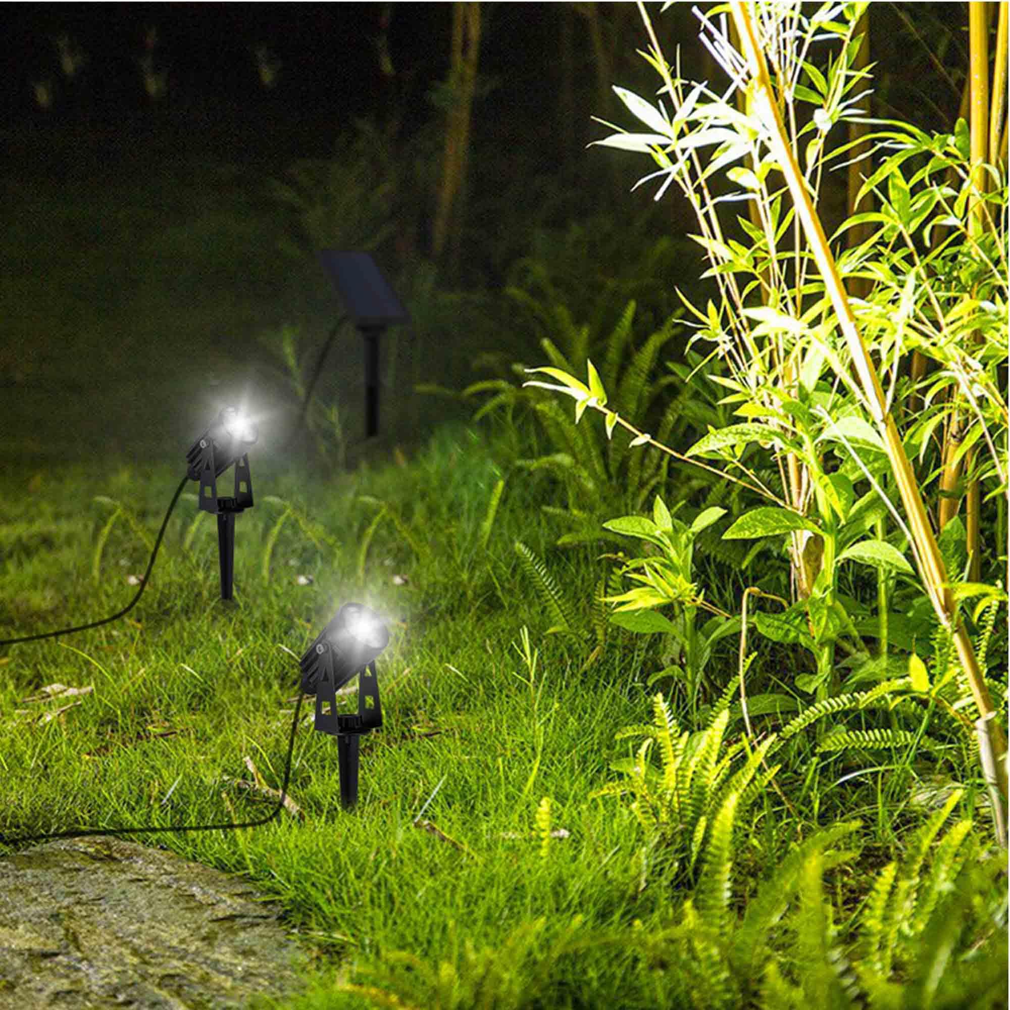 LUMI JARDIN Lumisky Podwójne przyłącze solarne reflektory solarne z panelem słonecznym 2 w 1 do zszywania lub mocowania, mocne oświetlenie LED, zimna biel, 2x ROUNDY H27 cm