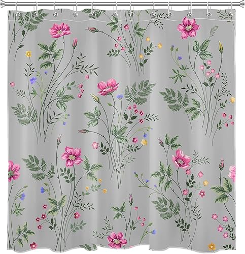 Miniatura 4 de Pink and Grey Shower Curtain for Bathroom Yellow Purple Wildflower with Green Leaf Botanical Bathroom Shower Curtains with Hooks, Farmhouse Plant