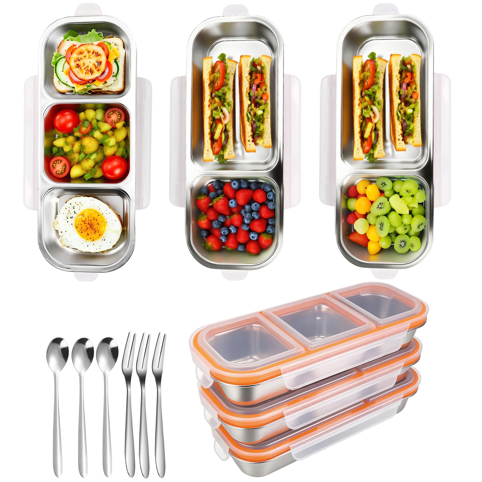 VAlinks Snack-Behälter mit auslaufsicherem Deckel, 304 Edelstahl, Bento-Snack-Box, geteilte Lunchbox, Lebensmittelbehälter für Zuhause, Offizier, Fitnessstudio, Reisen, 3 Stück