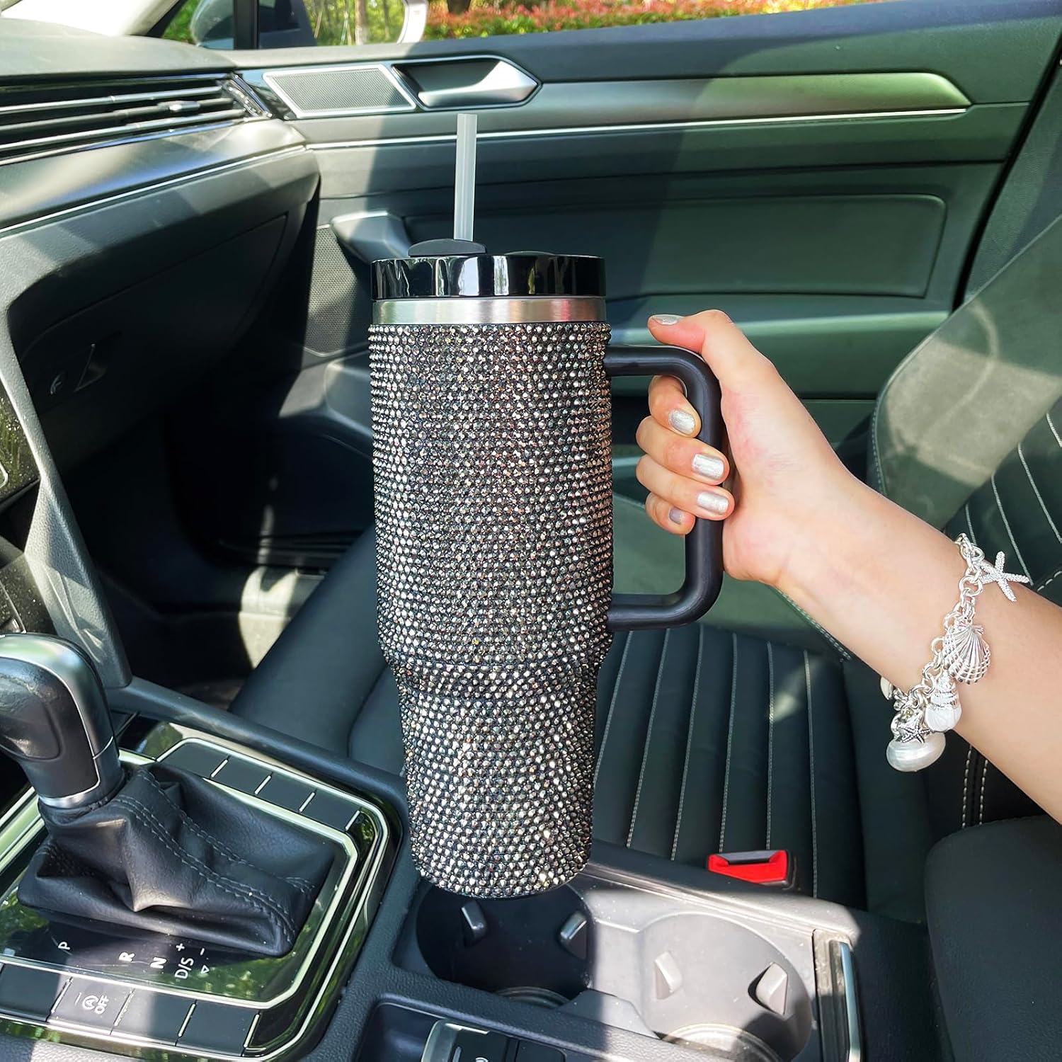 40oz Bling Tumbler with Handle and Straw Lid Rhinestone Studded Tumbler Cups Vacuum Insulated Stainless Steel Double Wall Water Bottle Travel Mug Gifts for Women Her (Black) - Image 5