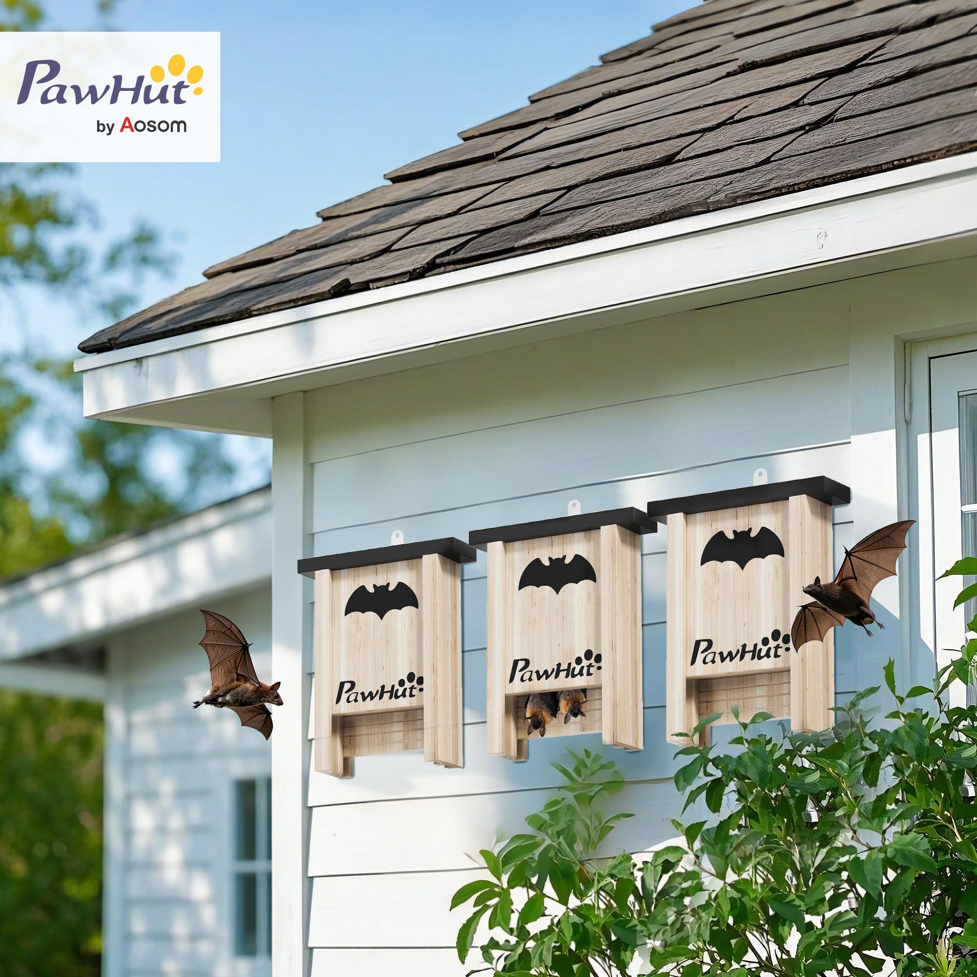 Juego de 3 cajas para murciélagos PawHut, casa para murciélagos, caja nido para murciélagos, caja para murciélagos para colgar en jardines, huertos, granjas, madera de abeto, 18 x 6 x 22,5 cm,