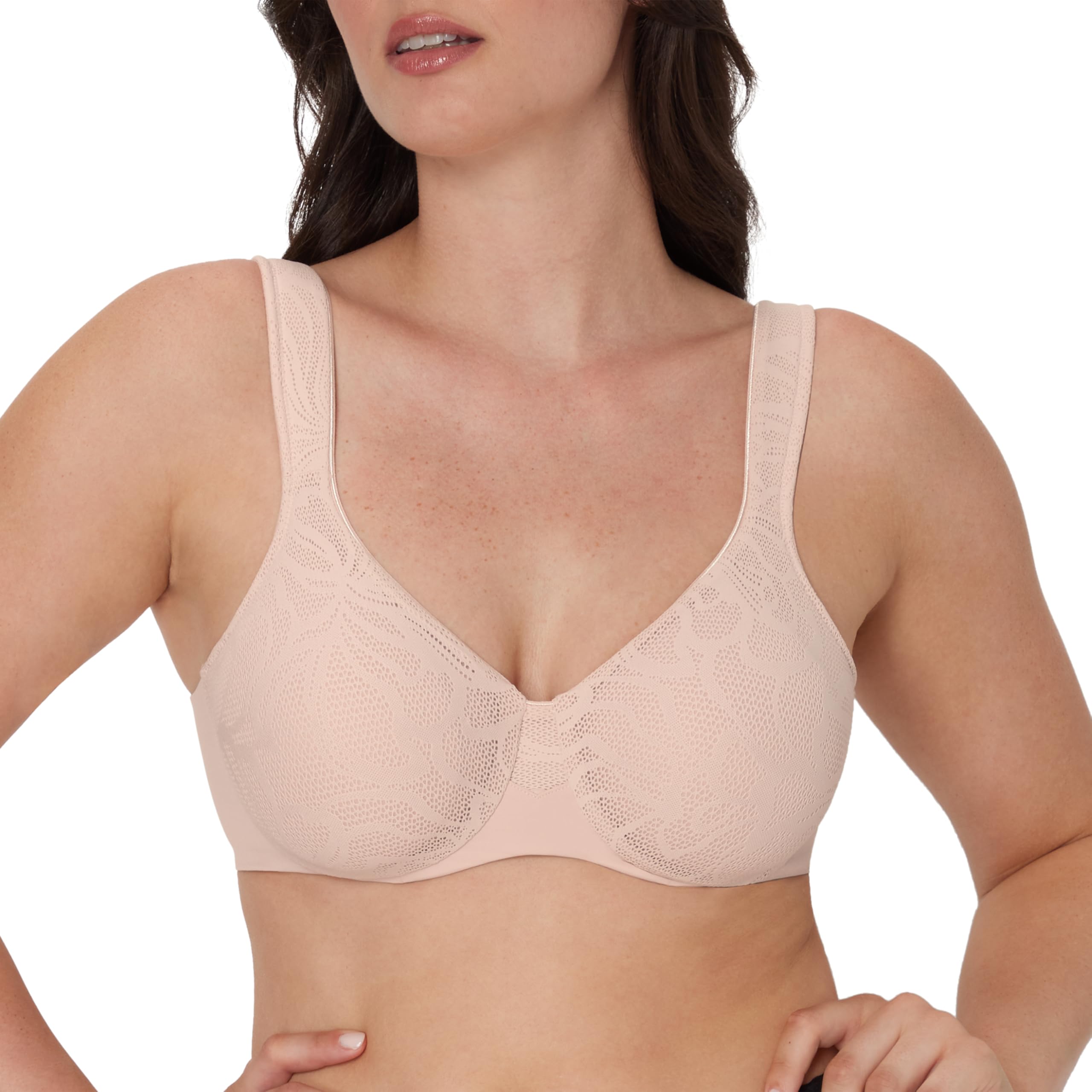 Bali Womens Underwire Minimizer Bra, Our Coolest Smoothing Moisture-Wicking Bra, Minimizes Bustline Up to 1.5", Sandshell Lace, 36DD