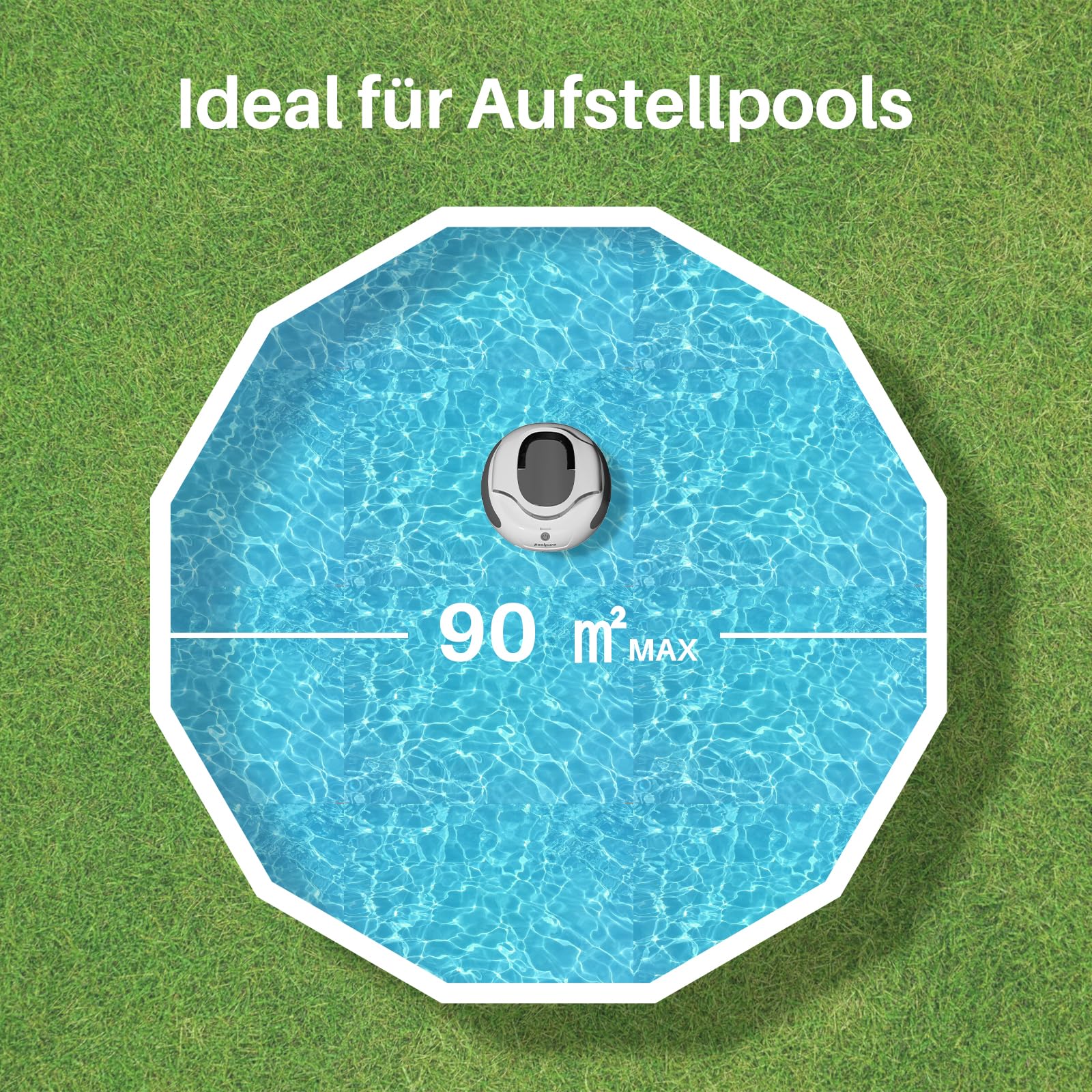 POOLPURE 2026 Poolroboter Akku: Kabelloser Poolsauger mit 100 Min. Laufzeit, Automatischer Poolreiniger für Flache Aufstellbecken bis 90m², IPX8, Dual-Motor & Abnehmbare Lenkrollen