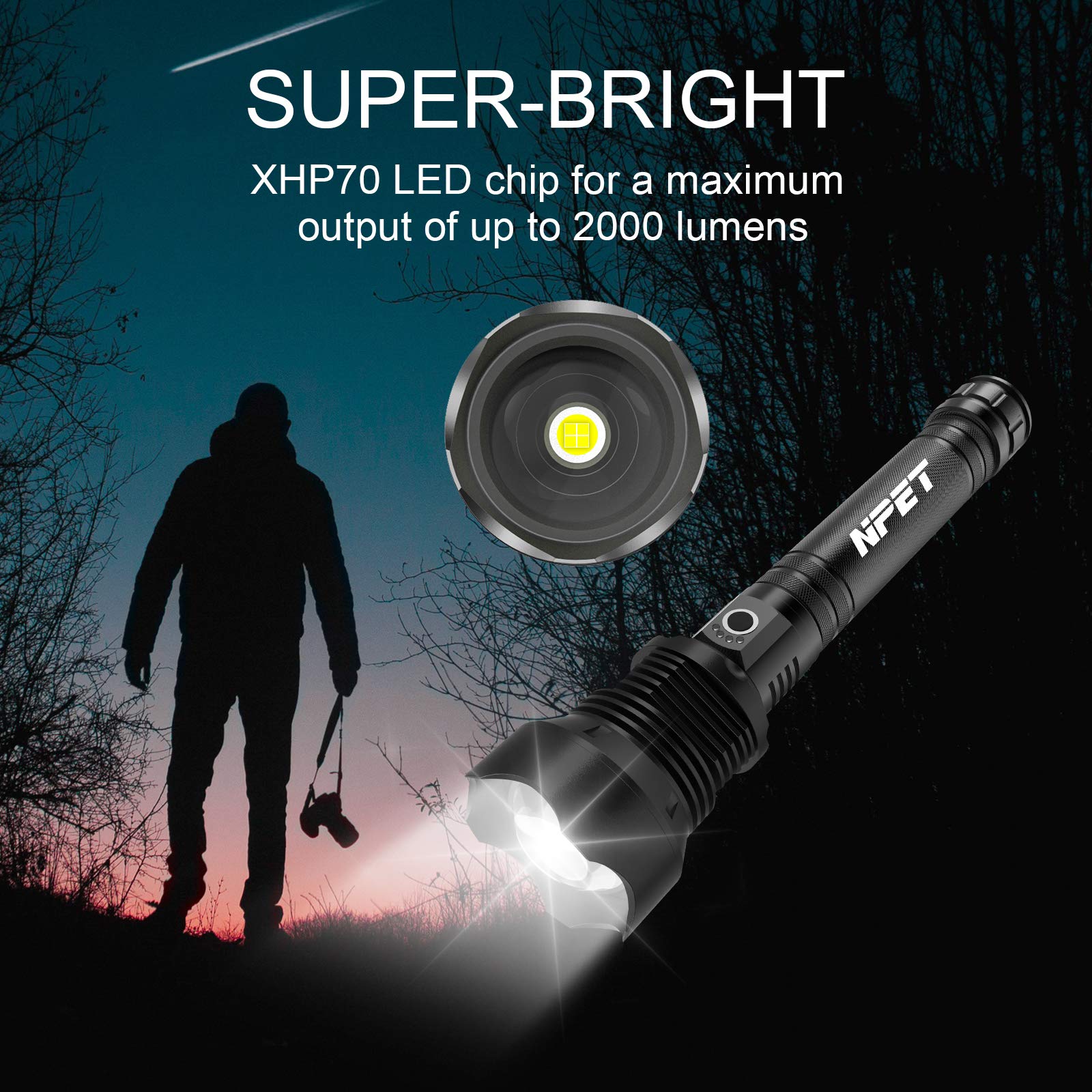 NPET XHP70 Linterna LED recargable por USB, linterna táctica súper brillante de 2000 lúmenes, linterna con zoom para camping, senderismo, hogar, exteriores y emergencias, impermeable y resistente a
