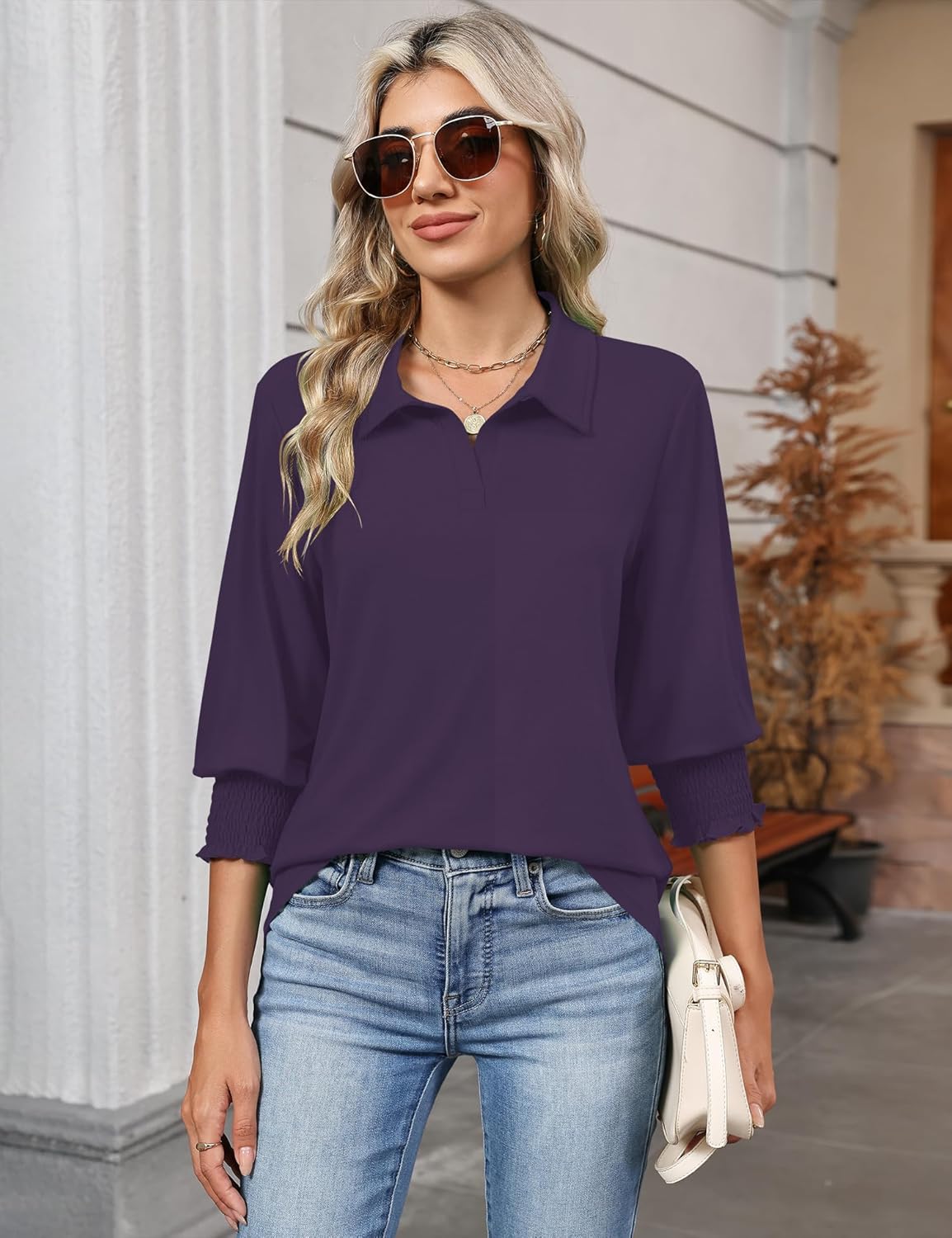 Ivicoer Womens 3/4 Length Sleeves Polo Shirts Collared Tops Business Casual Blouses Basic Tees Trendy Outfits Spring Clothes - Image 3