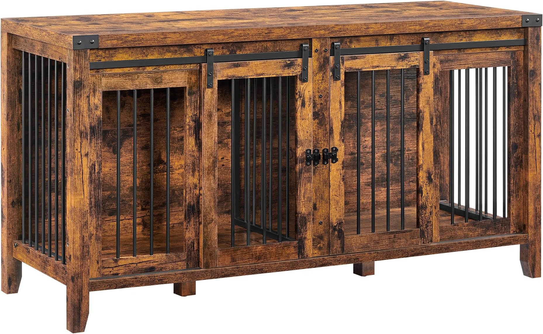 Feandrea Large Dog Crate Furniture, Heavy-Duty Dog Cage for 1 Large Dog or 2 Medium Dogs, with Divider, Sliding Doors, TV Stand, Rustic Brown PFC301X01