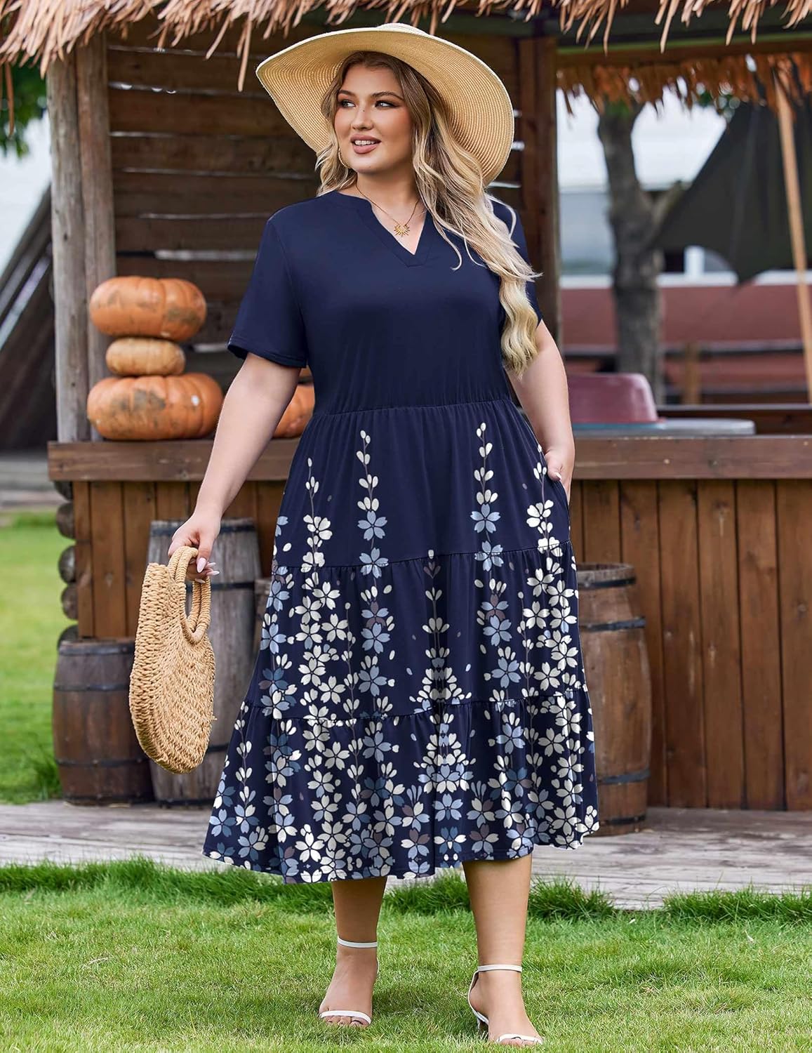 IN'VOLAND Women Plus Size Summer Dresses V Neck Short Sleeve Midi Dress with Pockets Flowy A-line Tiered Beach Sundress 1X-5X - Image 2