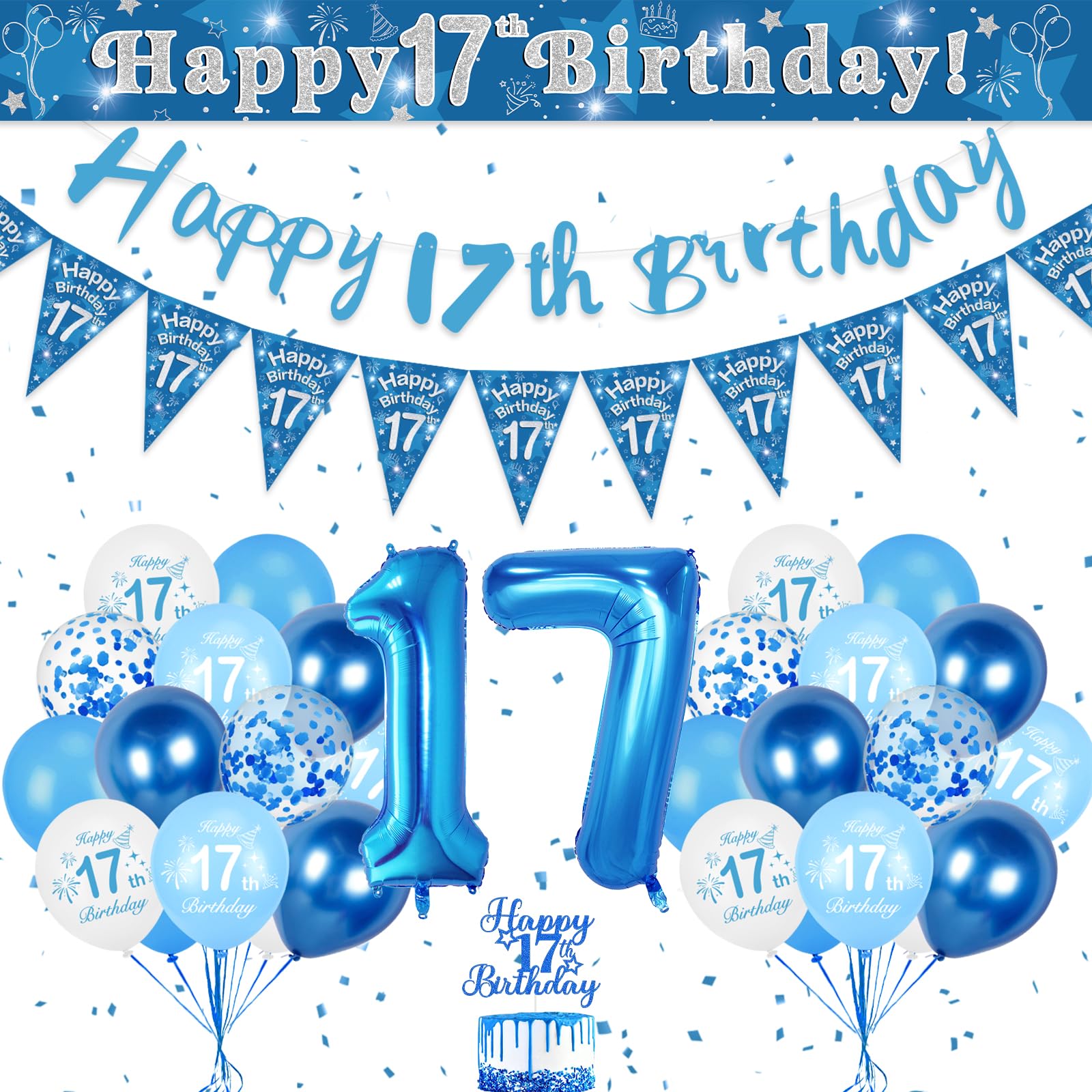 Blue 17th Birthday Party Decorations for Boys - Happy Birthday Banner, Number 17 Balloons, Triangle Flag, Confetti - Boys' Party Supplies