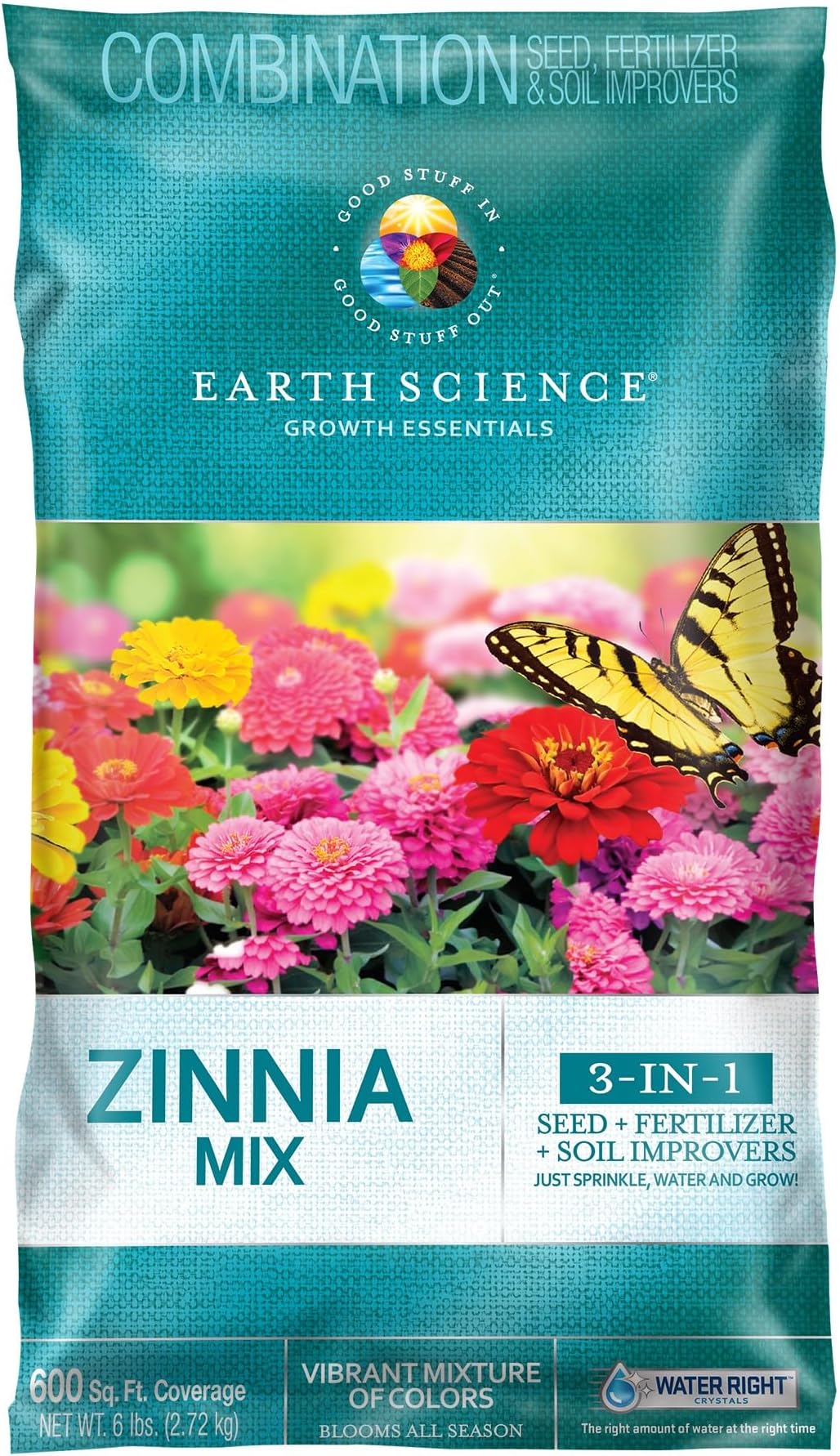 Earth Science Zinnia Wildflower Mix for 2026โ6lb โ 3-in-1 Seeds Plant Food & Soil Conditioner โ Non-GMO Vibrant Flowers for Gardens Low Maintenance Attracts Pollinators โ Covers 600 Sq Ft Eco-Friendly