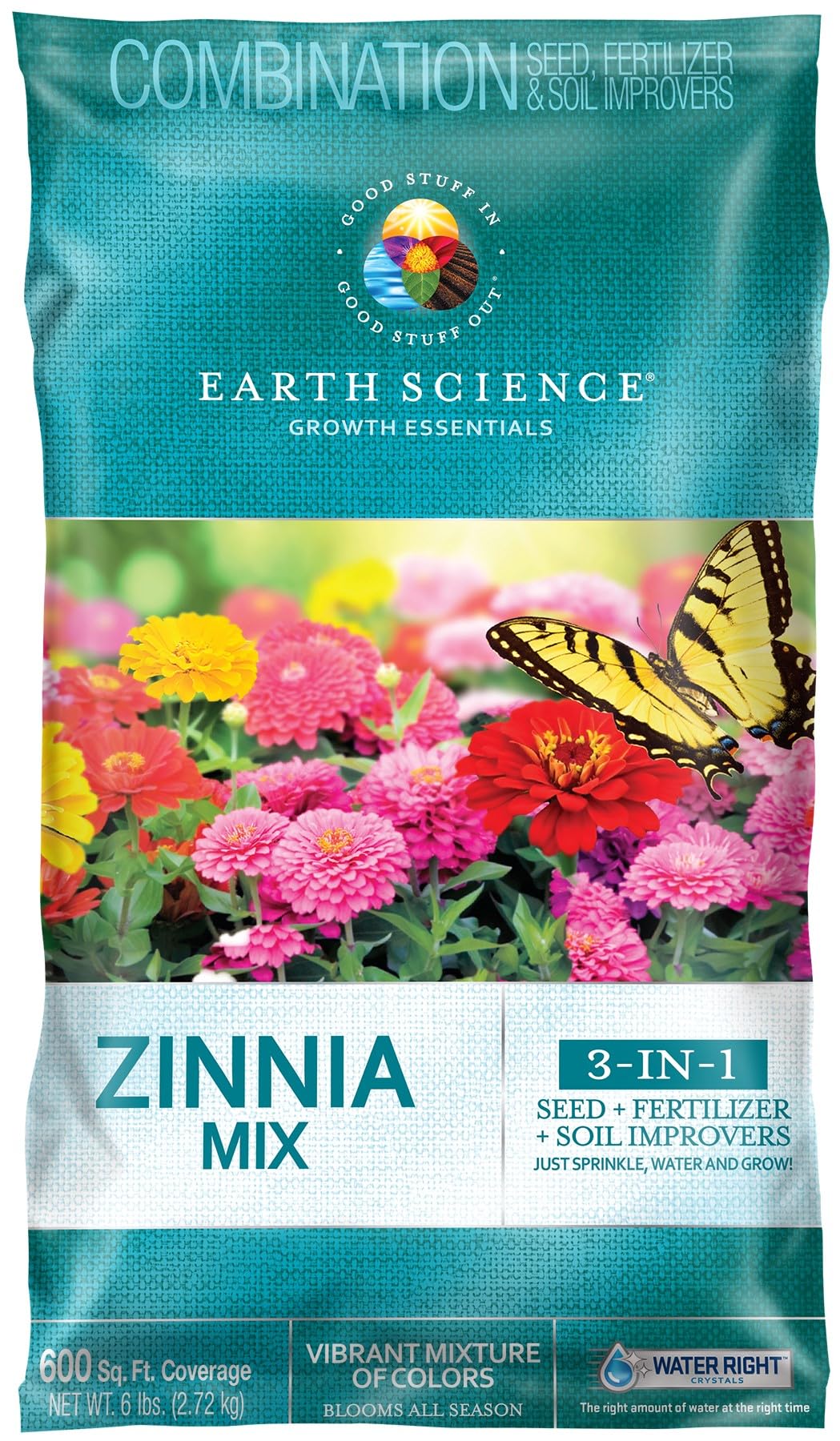 Earth Science Zinnia Wildflower Mix—6lb – 3-in-1 Seeds Plant Food & Soil Conditioner – Non-GMO Vibrant Blooming Flowers for Gardens Low Maintenance Attracts Pollinators – Covers 600 Sq Ft Eco-Friendly