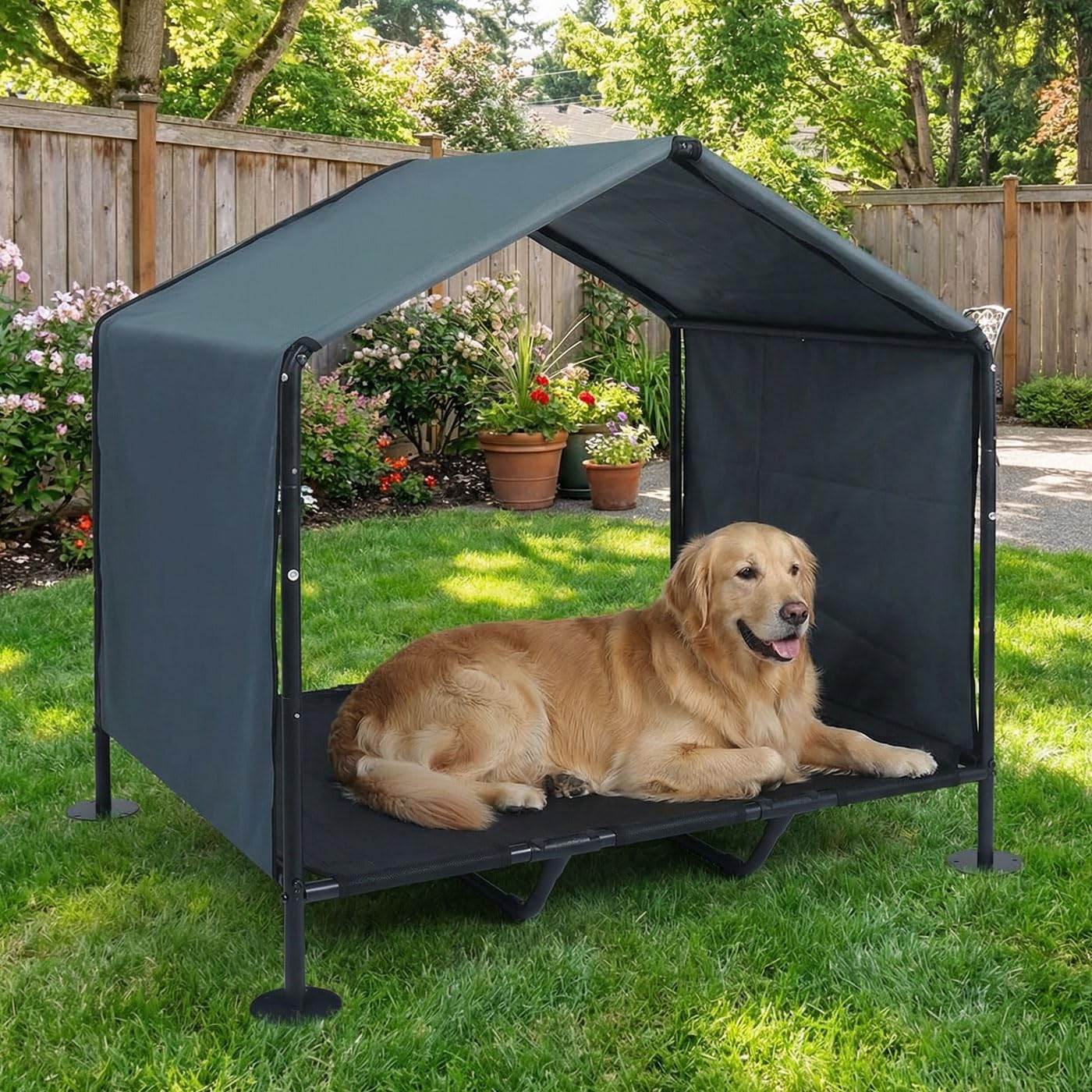 Refugio para perros al aire libre con cama elevada, pantalla grande para perros exteriores, casa 2 en 1 resistente a la intemperie para perros grandes, 39 pulgadas de largo x 34 pulgadas de ancho x 41