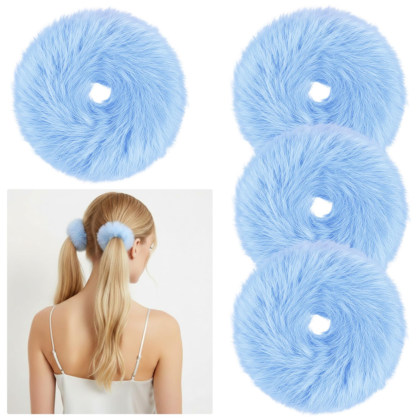 Muiltvoe 4 Pcs Blue Pom Pom Hair Ties, Fluffy Faux Rabbit Blue Scrunchies Cute Fuzzy Ponytail Holder Elastic Hair Accessories for Women Girls