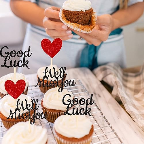 Miniatura 3 de Paquete de 24 adornos para cupcakes con purpurina roja con diseño de corazón de amor de buena suerte, temática de jubilación, decoración para tartas