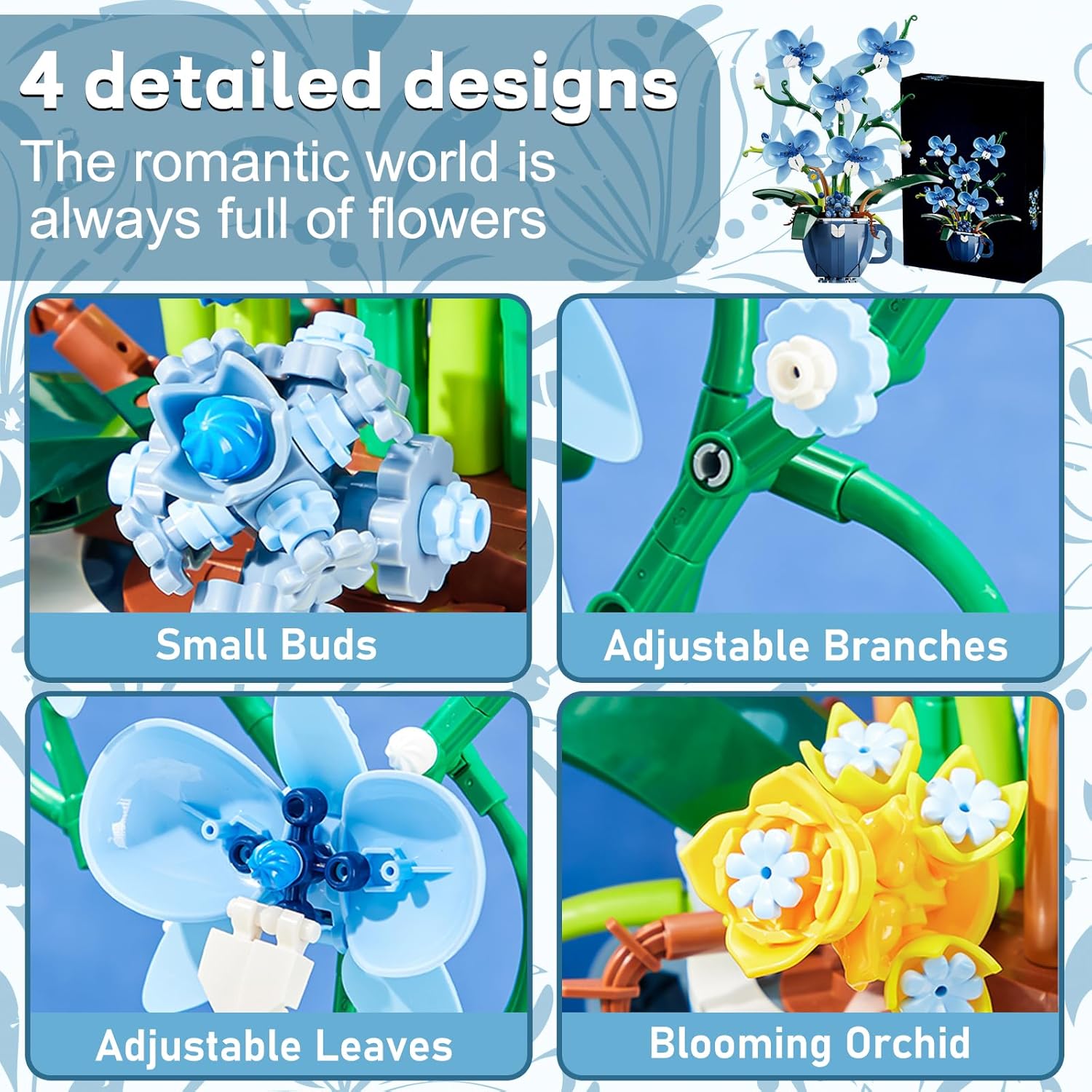 Blue Orchid Flowers Building Block Set Coffee Cup Flower Plant Building Kit Botanical Model Toys Home Decoration Gift for Adults Teens 567 PCS