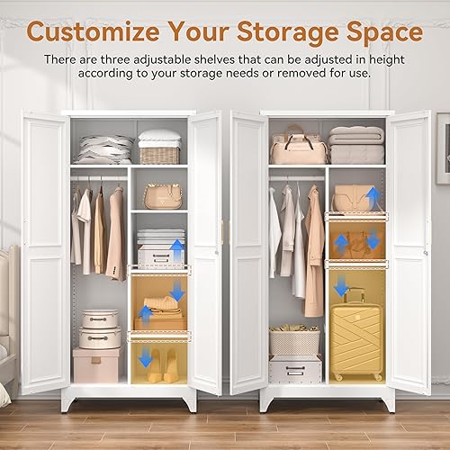 Miniatura 5 de Metal Armoire Wardrobe Closet with Doors, 71" Tall Wardrobe Cabinet with Lock, Hanging Rod and 3 Adjustable Shelves, Steel Clothing Storage Cabinet