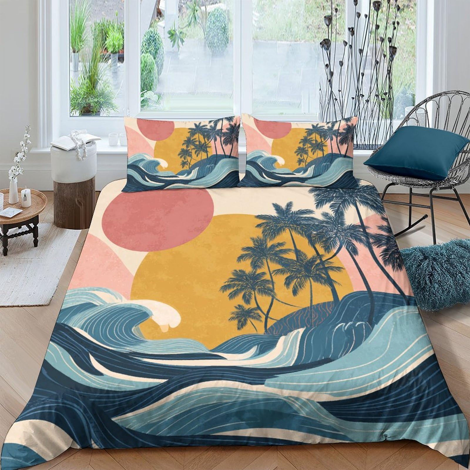 Ctjqhvkz Style-3 3D Printed Sunset Beach Fitted Sheet Microfiber Palm Wave Mattress Cover For Bedroom Dorm Decor Protection Single（135X200cm）