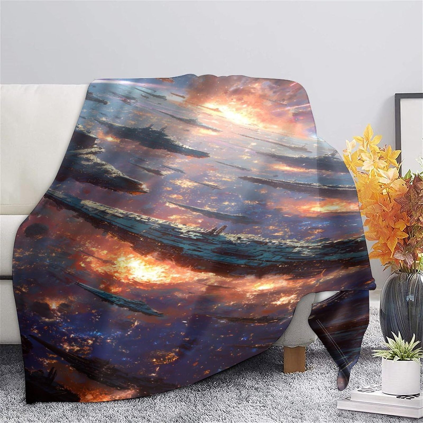 Digitaldruck Weltraum Planeten Galaxie Sci-Fi Thema Flanell Kuscheldecke, Kosmisches Kampfflugzeug Dicke Warme Decke Geschenkidee, 70x80inch(180x200cm)