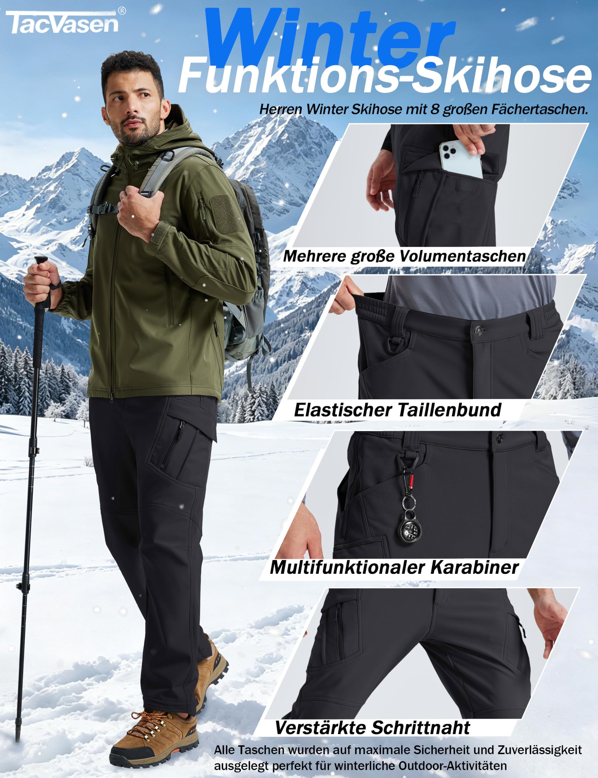 TACVASEN Skihose Herren Softshellhose Winterhose Thermohose Outdoorhose
