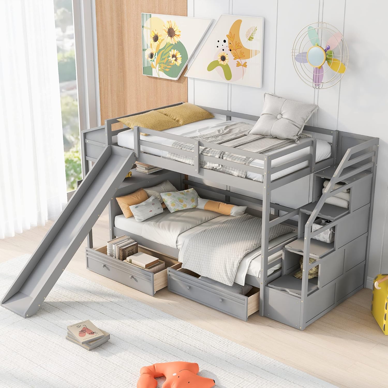 Harper & Bright Designs Twin Over Twin Bunk Bed with Stairs, Slide, Desk, Solid Wood Bunk Bed with Storage Drawers and Shelves, for Kids Girls Boys (Gray)