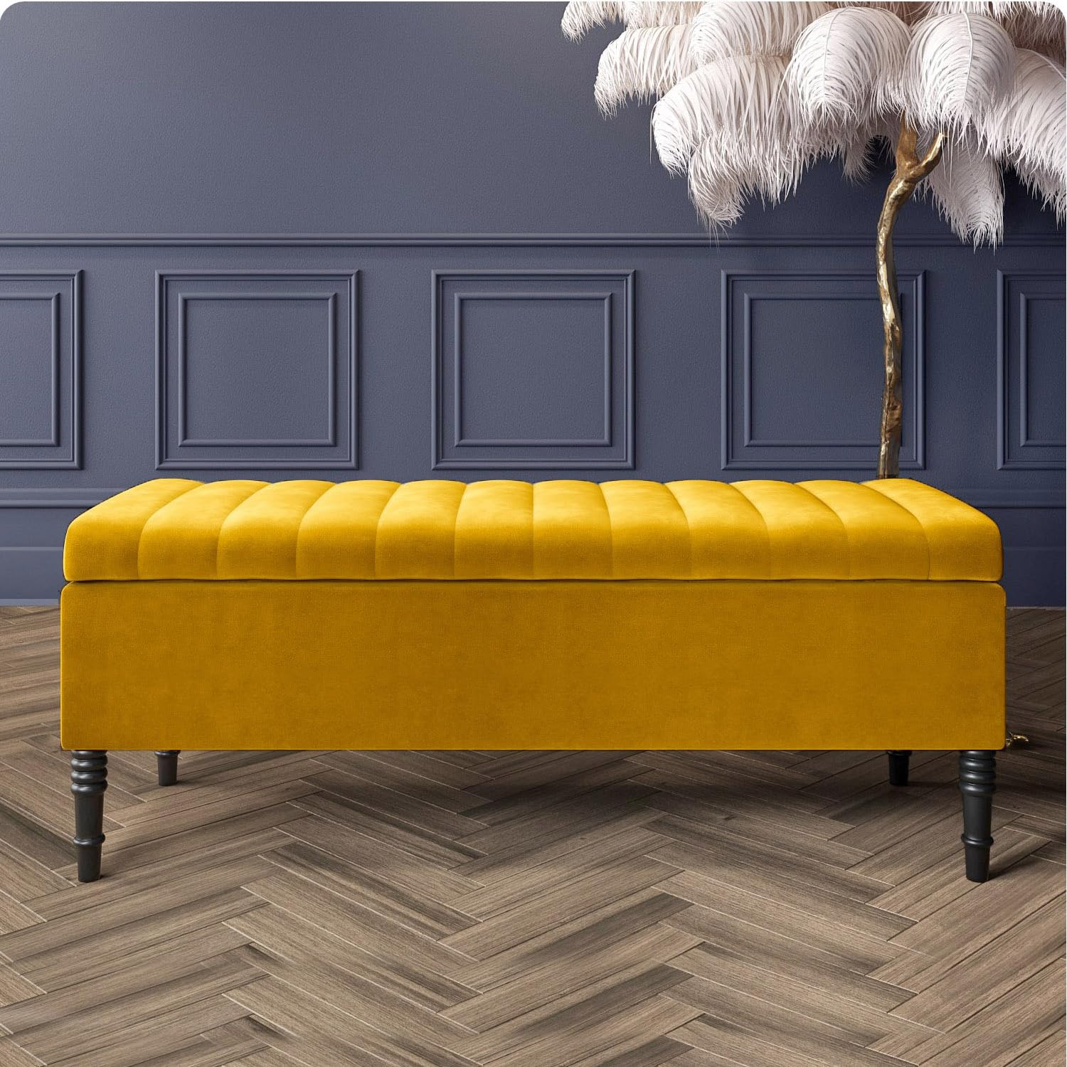 Paris Velvet Ottoman Storage Bench with Legs, End of Bed Blanket Box with Extra Deep Hidden Storage & Hinged Lid, Upholstered Ottoman Storage Box, Shoe Storage Ottoman, Padded Entryway Seat