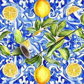17.7"x118" Peel and Stick Wallpaper Mediterranean seamless pattern Blue majolica tiles yellow lemons Contact Paper Self Adhesive Wallpaper Removable Wall Mural Wall Sticker for Bedroom Kitchen