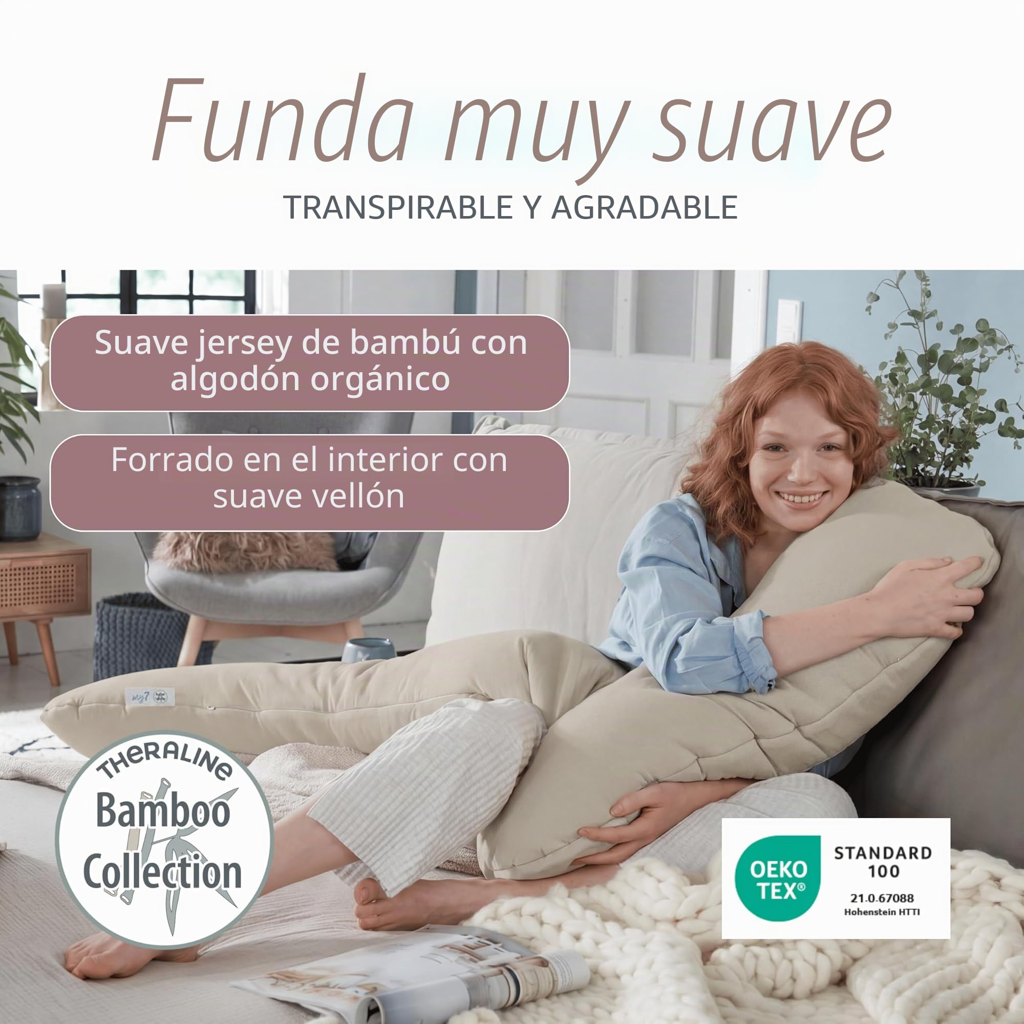 Theraline | my7 – Almohada para dormir de lado | incluye funda exterior Cappuccino, colección de bambú