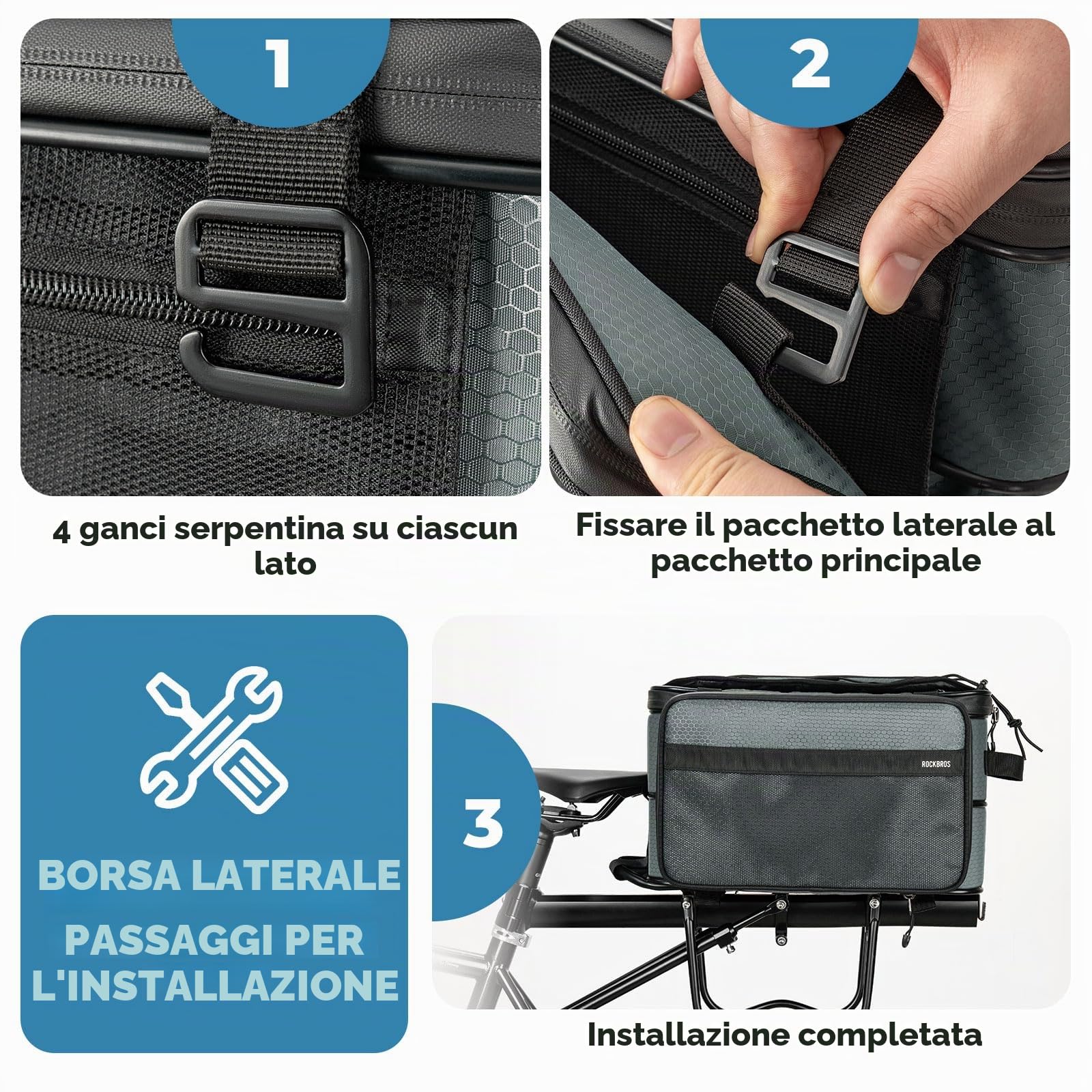 ROCKBROS Road to Sky Borsa Bici Posteriori Pieghevole, 15L Borsa Portapacchi Bici Posteriore Multifunzionale con 2 Borse Laterali per Ciclismo, Viaggiare, MTB, Gravel, Strada, Nero, Grigio