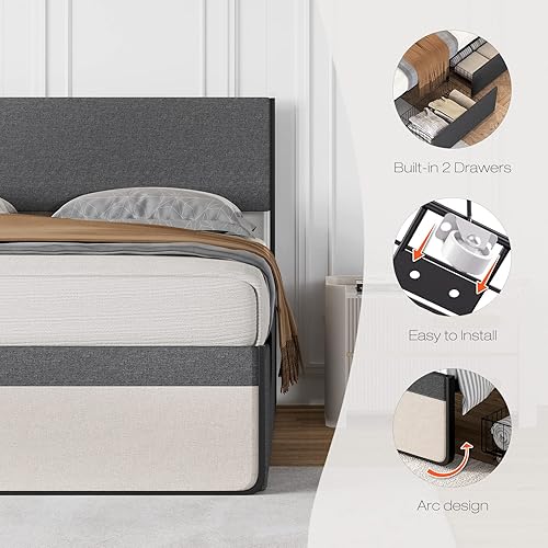 Miniatura 5 de IDEALHOUSE Base de cama tapizada de tamaño matrimonial con 2 cajones de almacenamiento y cabecero base de colchón con soporte de listones de acero