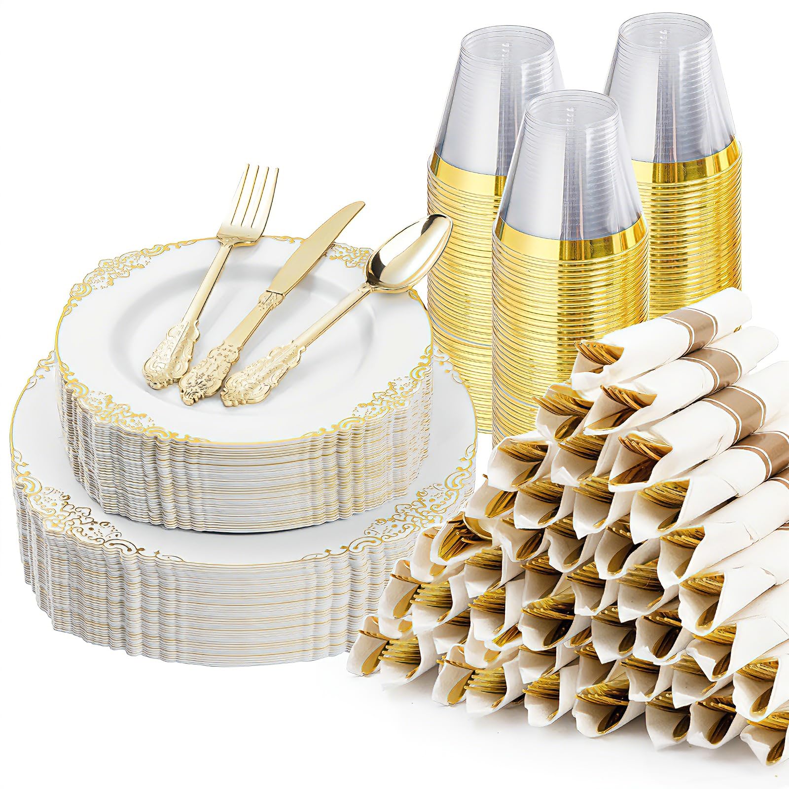 350PCS Gold Plastic Plates for 50 Guests, Disposable Dinnerware Sets Include 100 Gold Rim Plastic Plates, 50 Silverwares, 50 Cups, and 50 Pre Rolled Napkins for Party, Wedding, Graduation