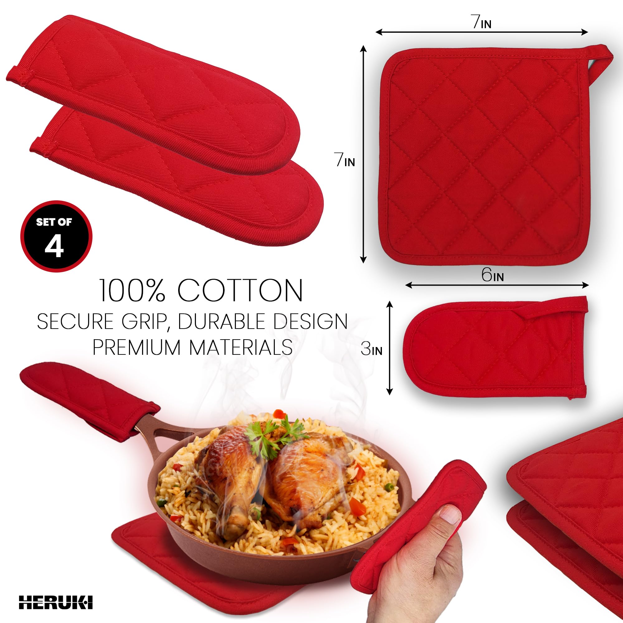 HERUKI Heat Resistant Pan Handle Sleeve 2pcs and Potholders for Kitchens 2 pcs Non-Slip Cast Iron Skillet Handle Covers - Oven Square Pot Holder 100% Cotton for BBQ Kitchen Baking Cooking (RED)