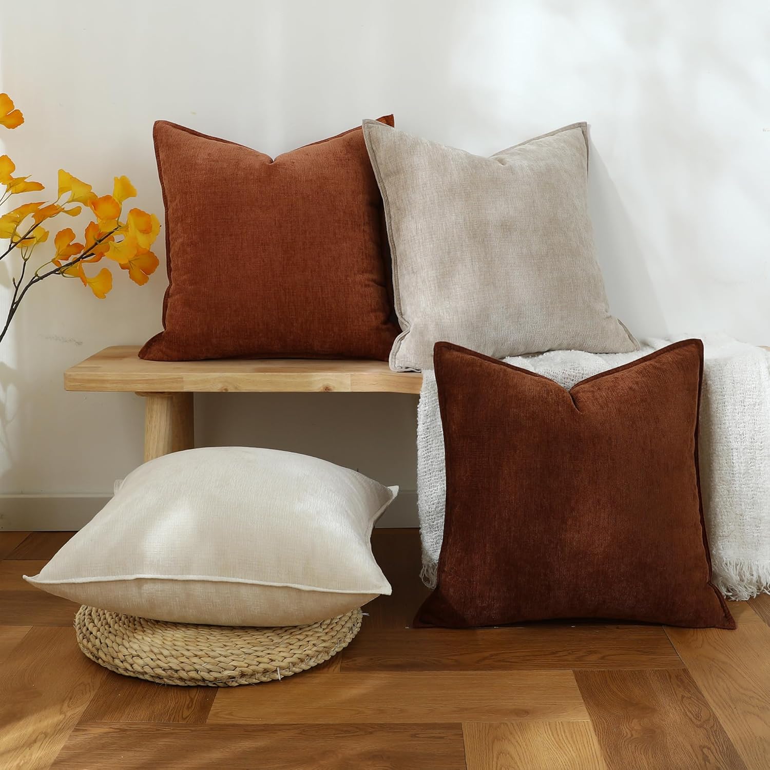 Stellhome Set of 4 Fall Decorative Throw Pillow Covers Accent Solid Soft Textured Chenille Cushion Cover Rustic Farmhouse Pillow Case for Couch Sofa Bedroom Living Room (18x18 inch, Fall) - Image 2