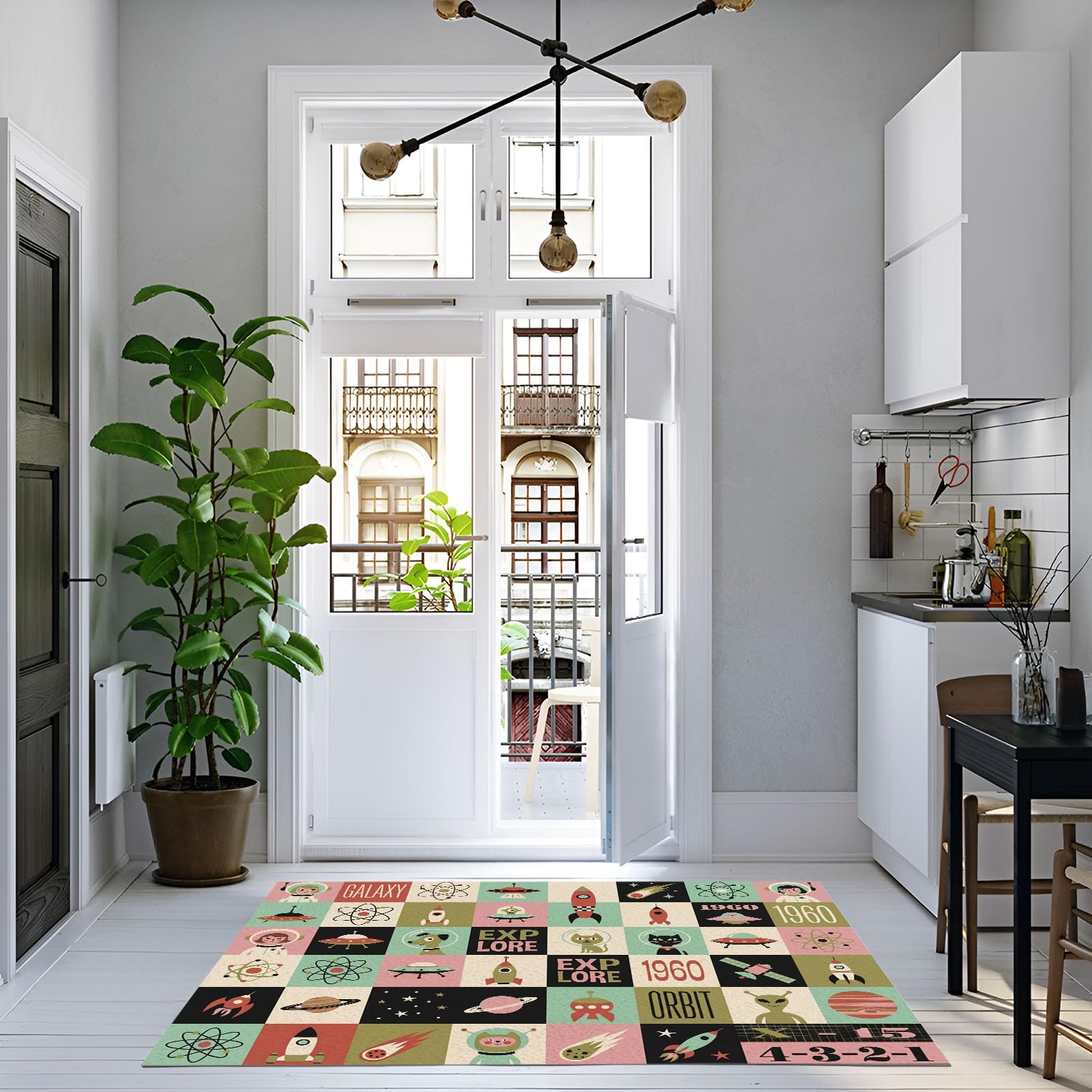 Paillasson pour Extérieur et Intérieur - Géométrie De L'Univers Des Dessins Animés - 60x90cm Tapis Flanelle avec Vie Extraterrestre - Paillasson lavable et Antidérapant pour Terrasse - Vert Menthe