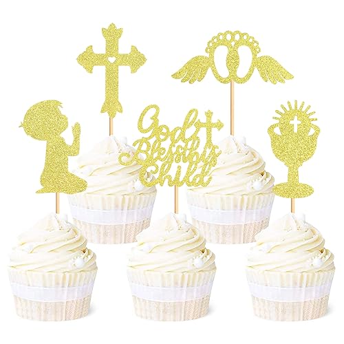 Ercadio Paquete de 30 adornos para cupcakes Mi Bautizo con purpurina plateada, cruz, ángel, paloma, cupcakes, ángel, religioso, bendición,