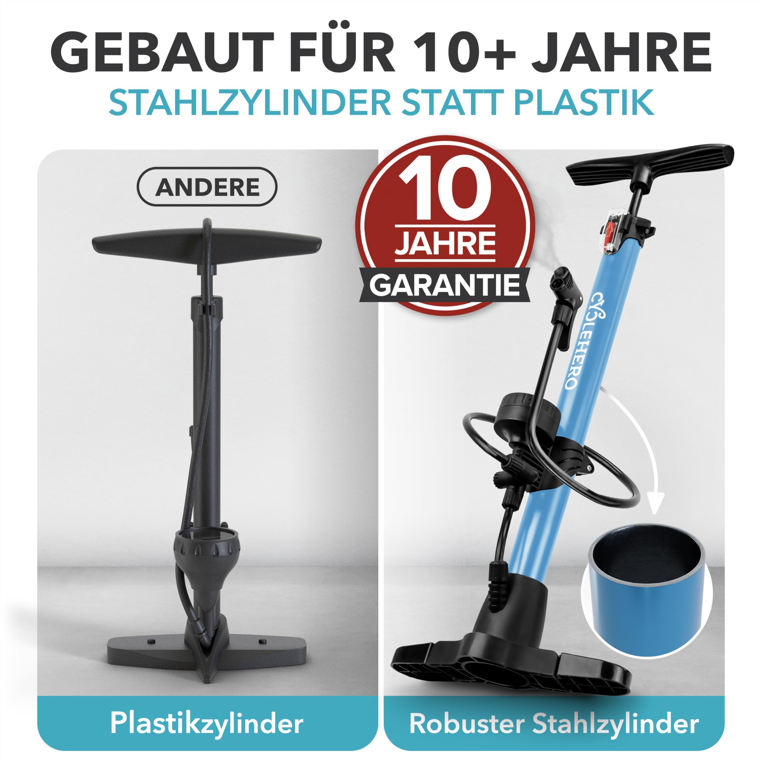 Fahrradpumpe alle Ventile * Test SEHR GUT - 10 Jahre GARANTIE * Leistungsstarke Luftpumpe Fahrrad– Fahrradpumpe Französisches Ventil - Standpumpe mit Manometer